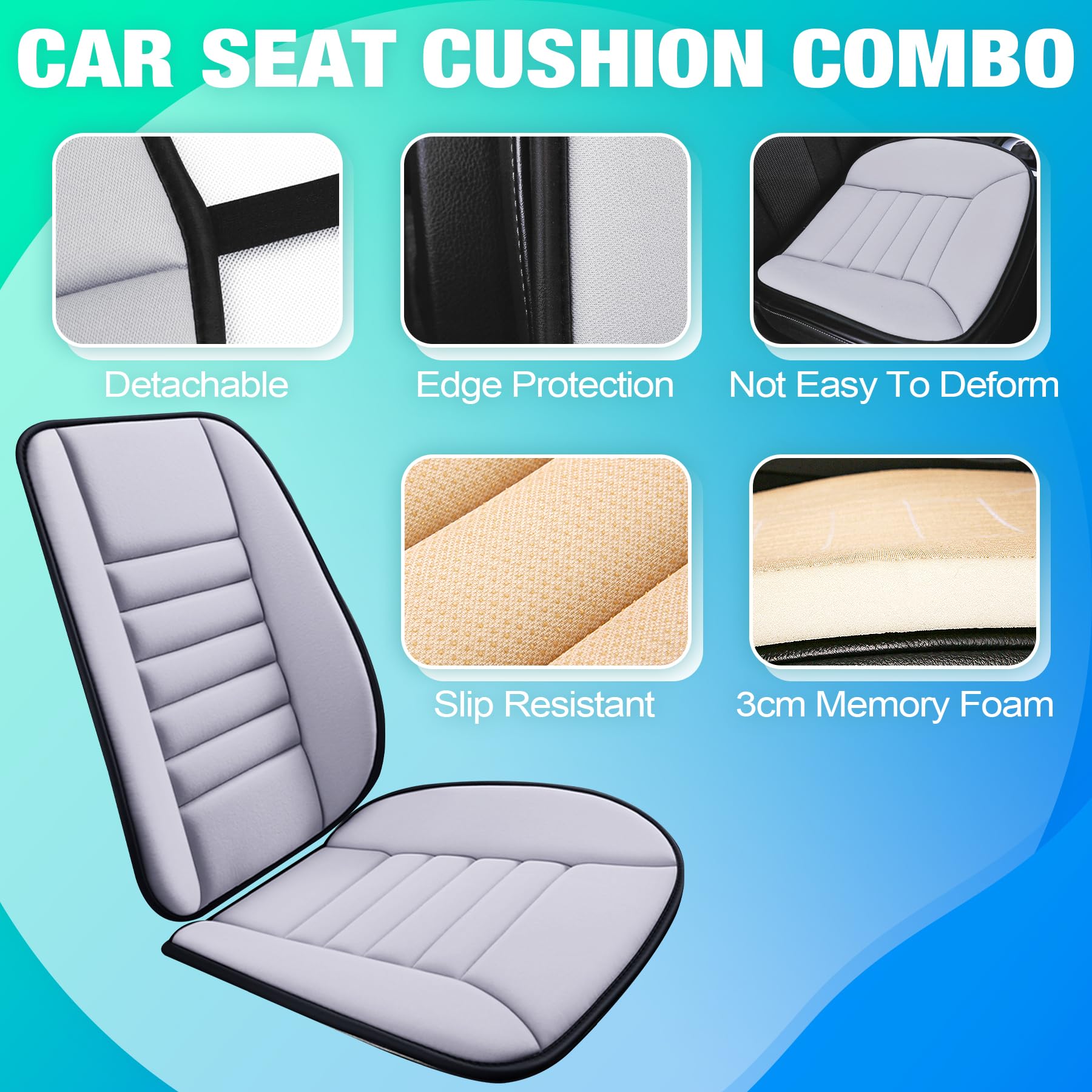 MYFAMIREA Memory Foam Car Seat Cushion & Lumbar Support Pillow, 1.2'' Thick, Adjustable, Washable, Gray
