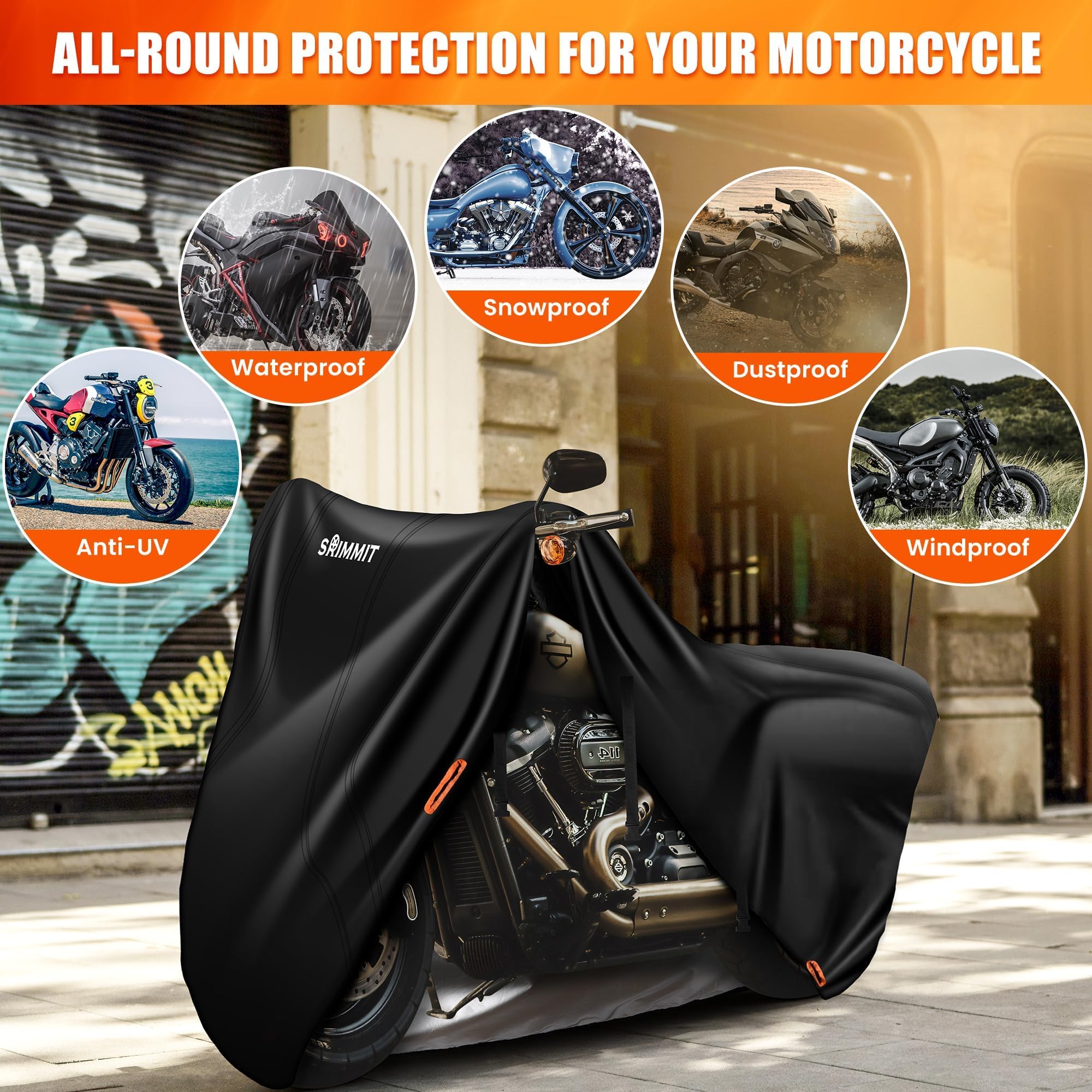 SRIMMIT Heavy Duty Motorcycle Cover, Waterproof 420D, 1XL 86"x39"x51", Black & Orange, with Reflective Strips & Windproof Buckles