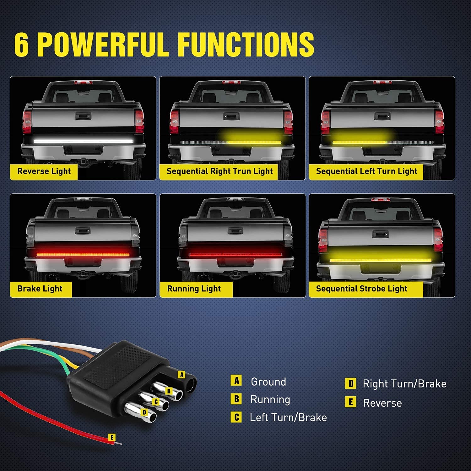 Triple Row LED Tailgate Light Bar 60 Inch LED Flexible Strip for Truck 5 Functions Red White Yellow Switchback, Sequential Turn