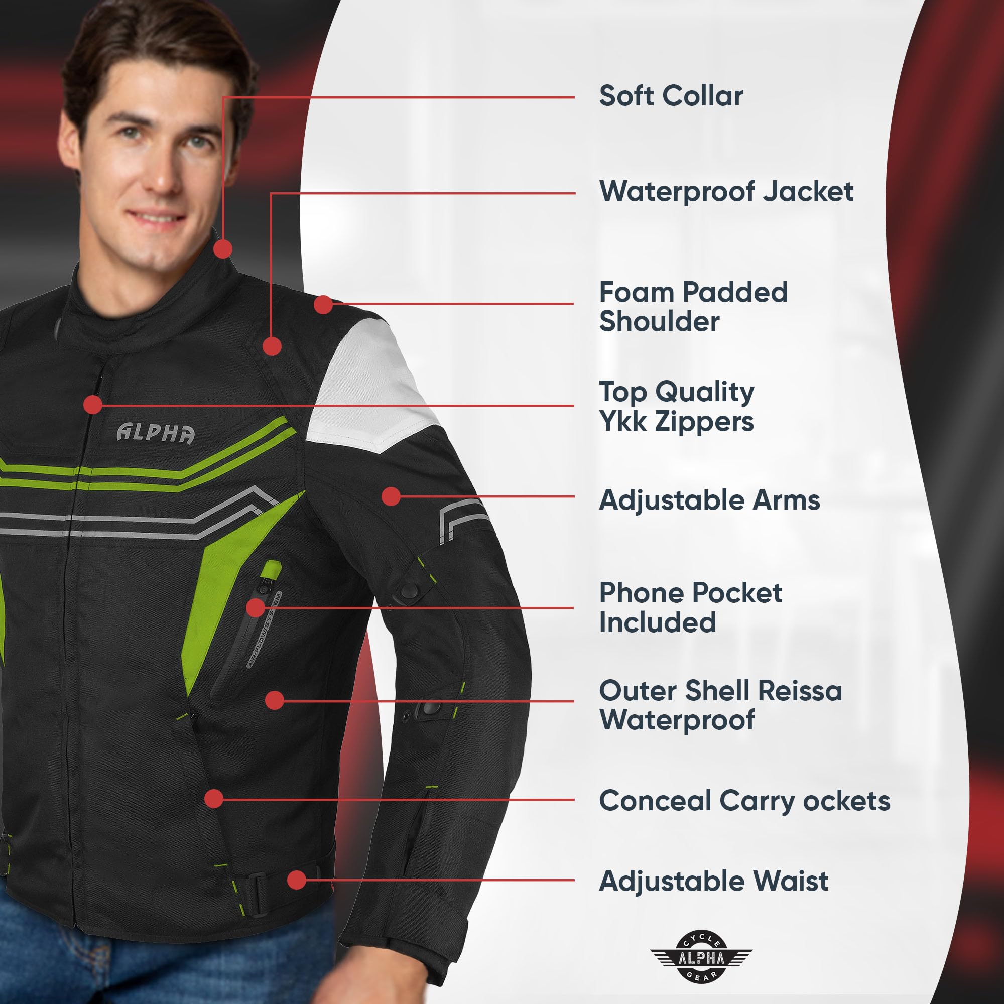 Motorcycle Jacket For Men Enduro Dualsport Riding High Visibility Dirtbike Ce Armor Waterproof All Season (Green, Large)