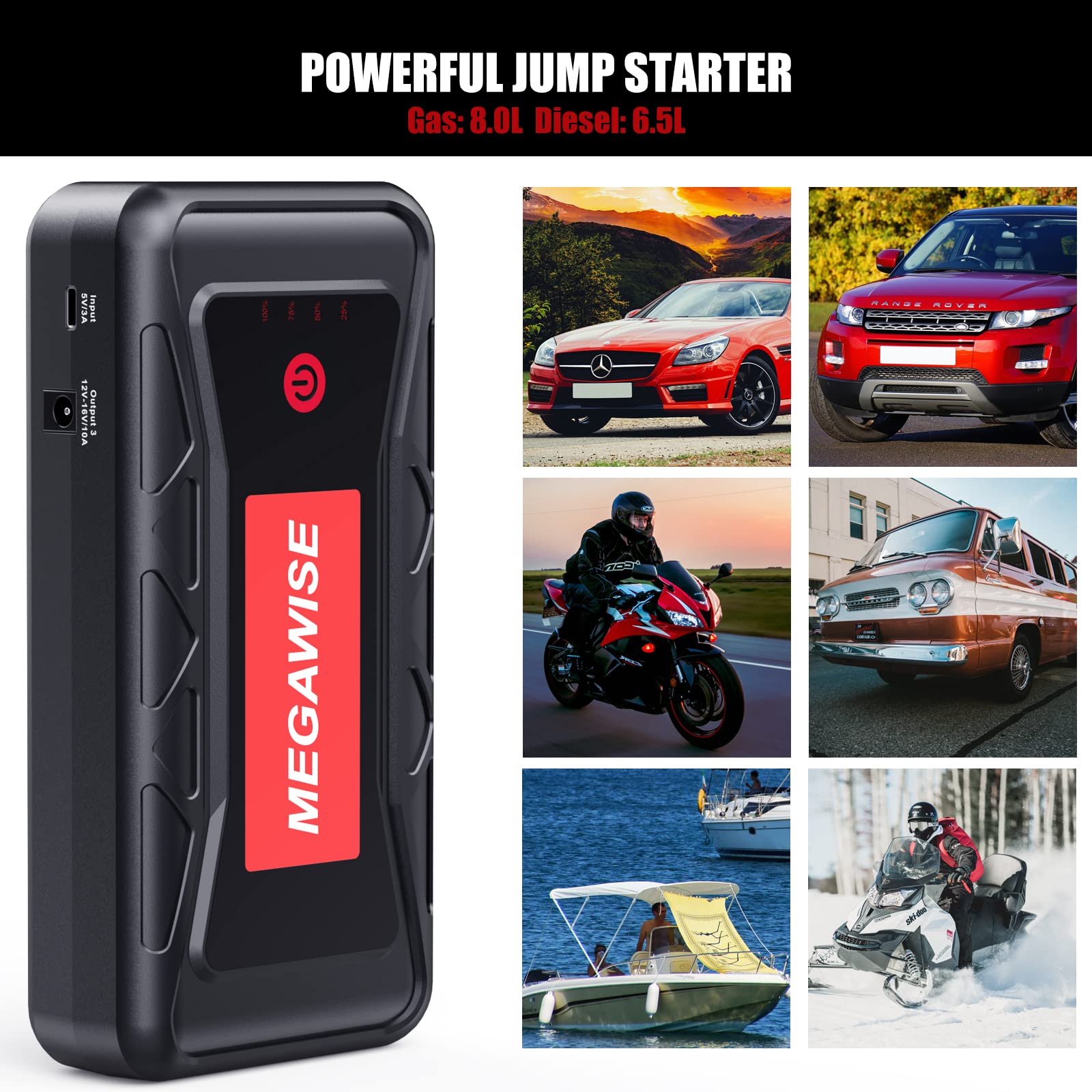 MEGAWISE 2500A Peak Car Battery Jump Starter, 21800mAh, 12V Power Pack, Dual USB Outputs, Red & Black, Model G15P