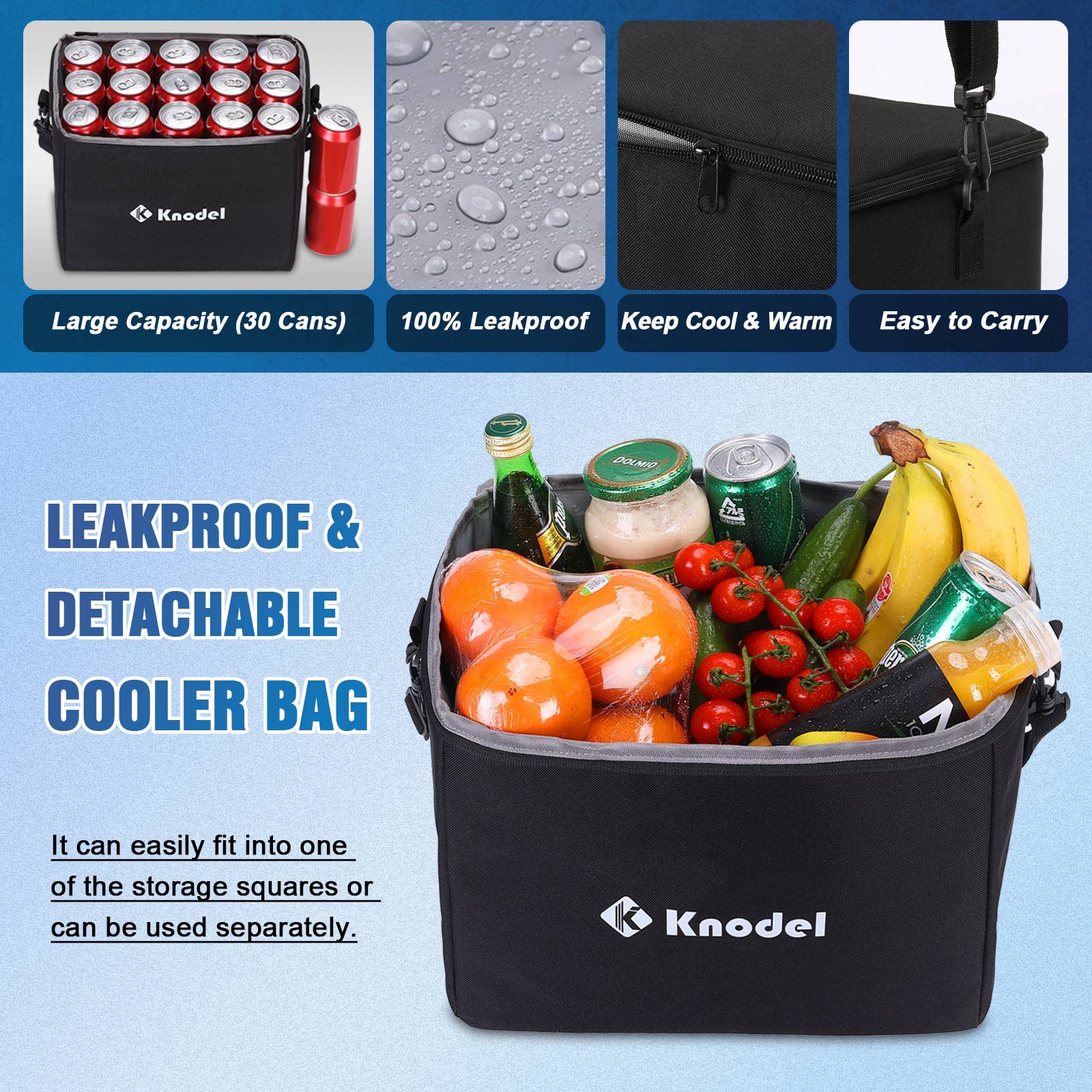 K Knodel Extra Large 3 Compartments Trunk Organizer Heavy Duty For Car, Suv With Cooler Bag, 2 Adjustable Securing Straps (4-In-1, Black)