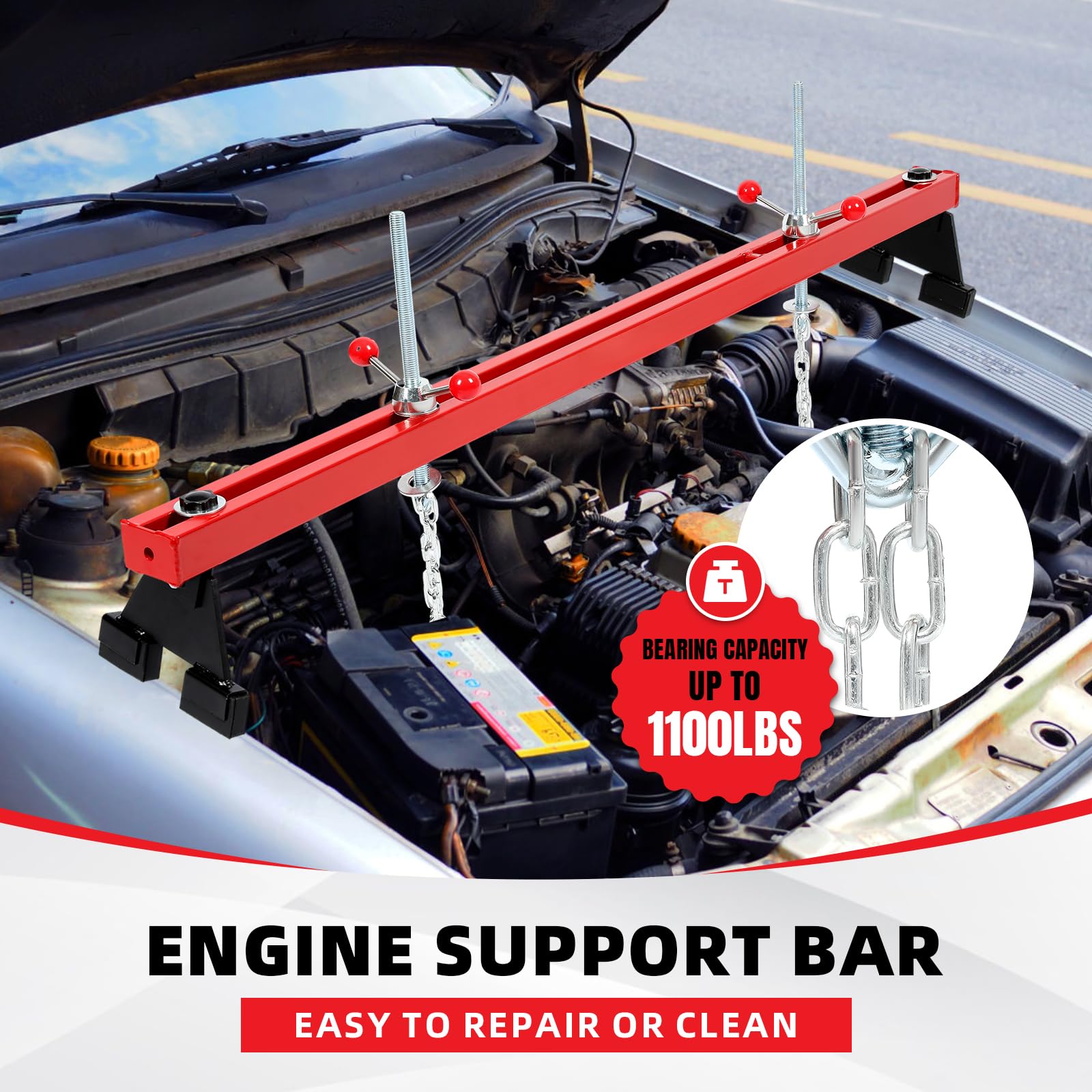 KUAFU Engine Support Bar 1100lbs Capacity Motor Transverse Bar with 2 Points Lift Holder Dual Hook Cross Hoist Engine Hoist for
