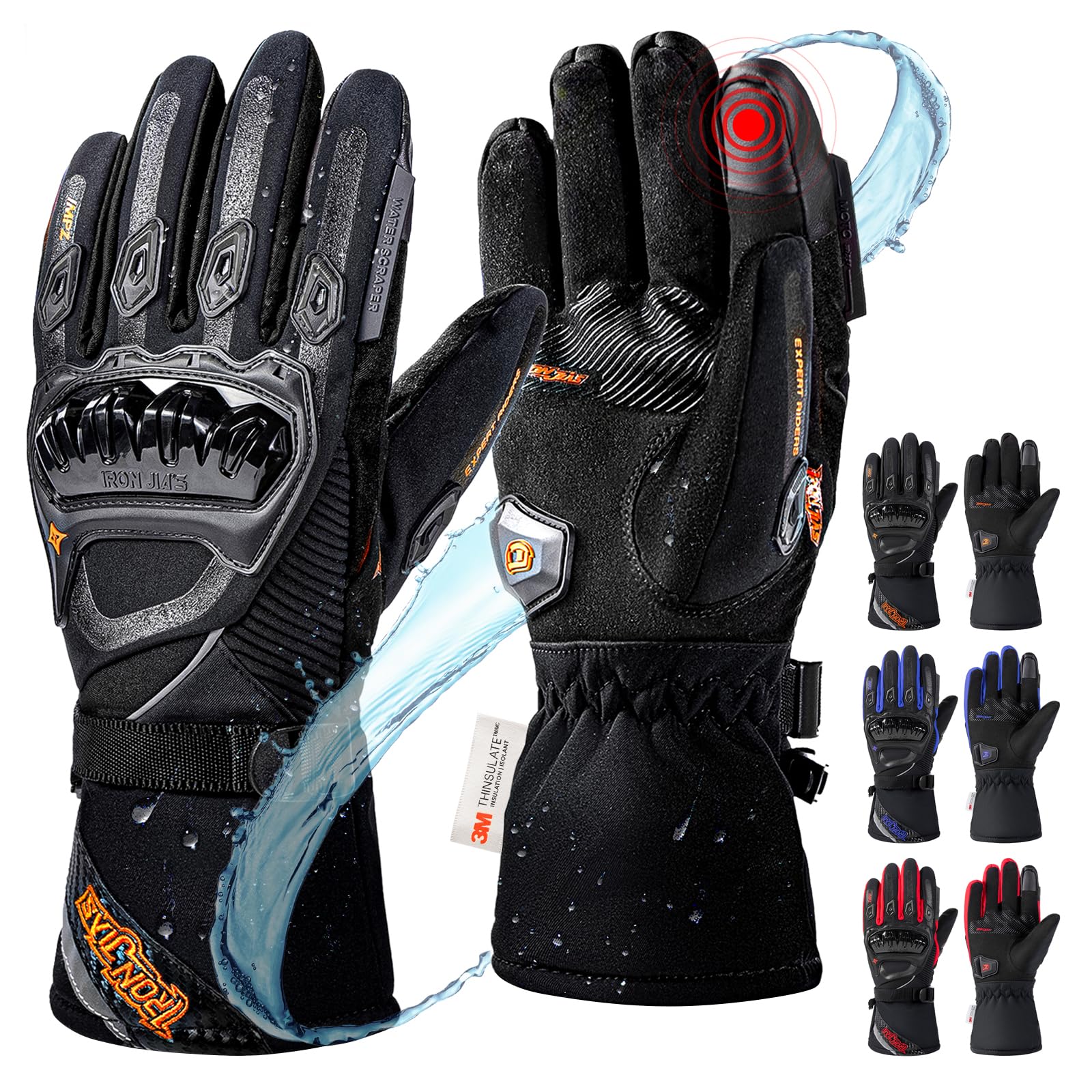 IRON JIAS Winter Motorcycle Gloves, CE Level 1KP Protection, Cold Weather Waterproof Windproof Touchscreen Riding Gear (Black, 