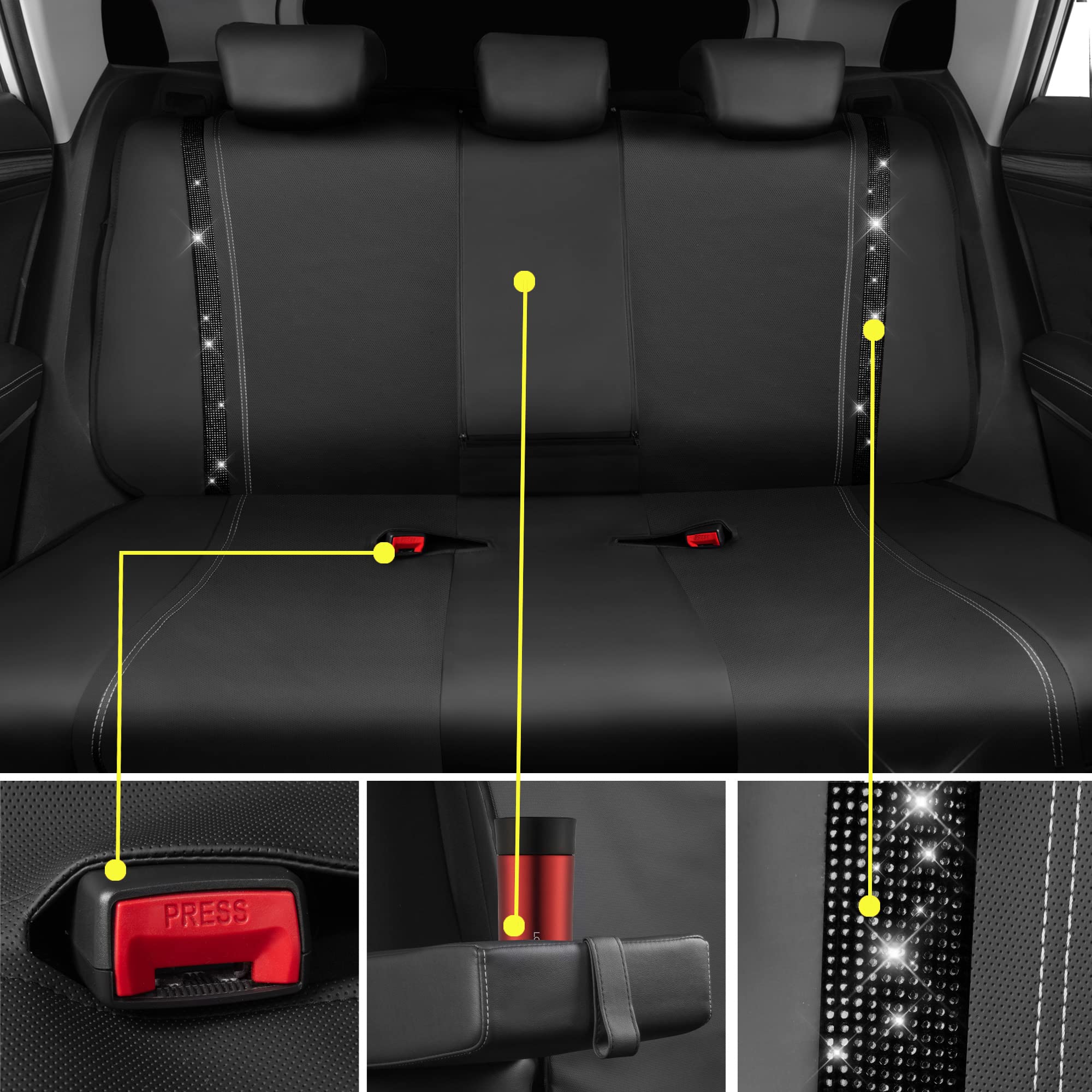 Car Pass Bling Rhinestone Leather Back Seat Cover, Waterproof Bench Rear Seat Cover Shining Diamond Universal Fit Automotive Glitter Crystal Sparkle Strips For Kid Women Girl, Black Diamond