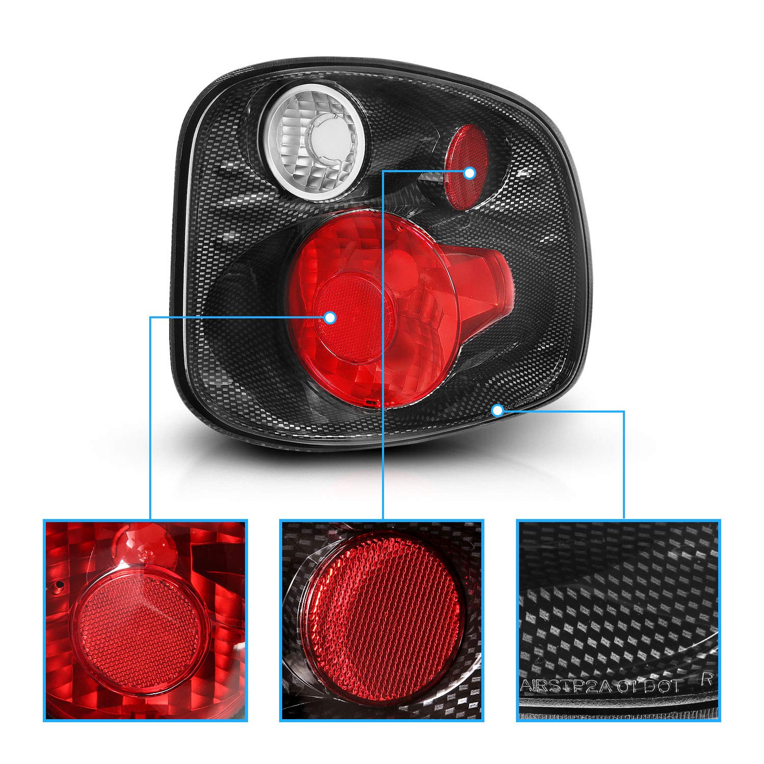 AmeriLite Euro Carbon Fiber Tail Lights for 2001-2003 Ford F-150 Flareside - Driver & Passenger Side, 2 Bulb Design