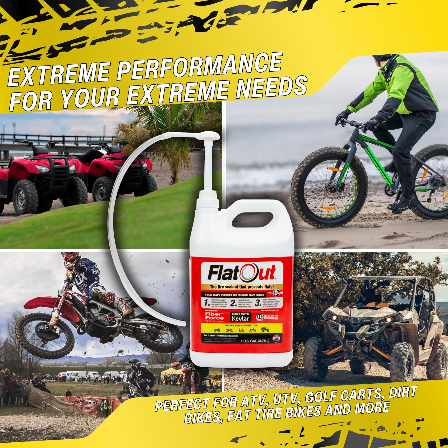 FlatOut Tire Sealant Sportsman Formula, 1-Gallon, with Valve Core Tool & Replacement Valve Core, Prevents Flat Tires, Seals Leaks