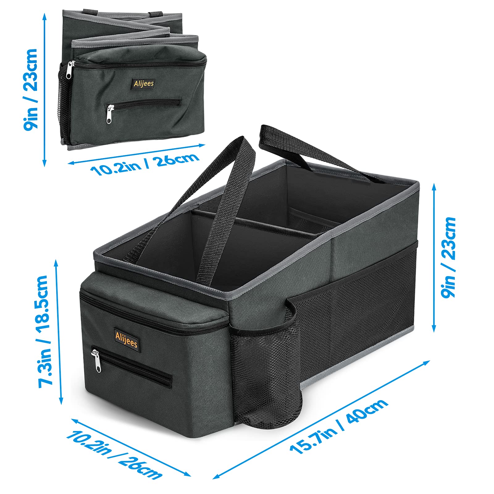 Alijees Car Back Seat Organizer - Grey Oxford Cloth with Cup Holders & Mesh Pockets, Model HW0008-JCX, Ideal for Road Trips
