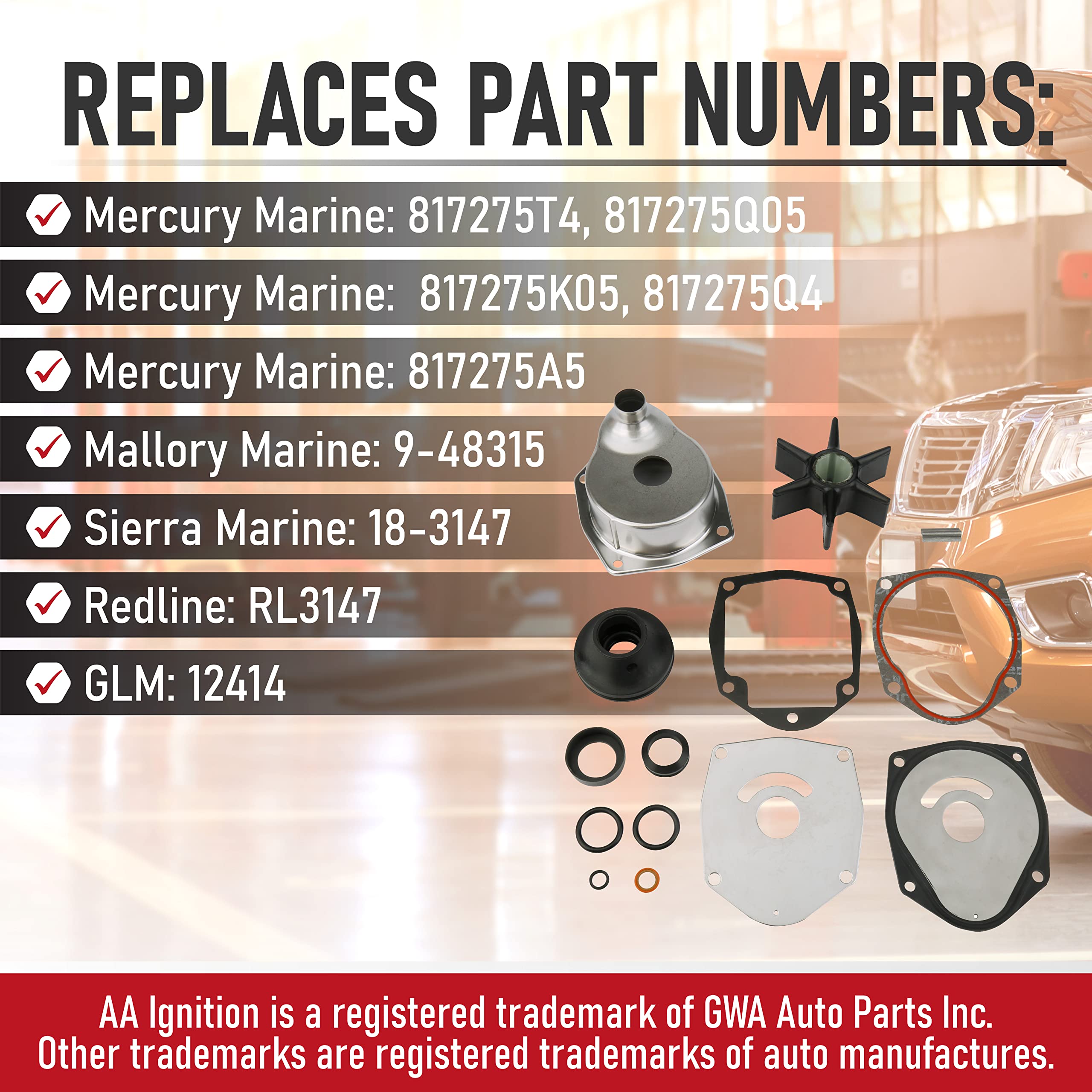 Water Pump Impeller Kit - Compatible With Mercury Marine And Mercruiser - 1991-2021 - Replaces 817275Q05, 817275T4, 18-3147, 9-4