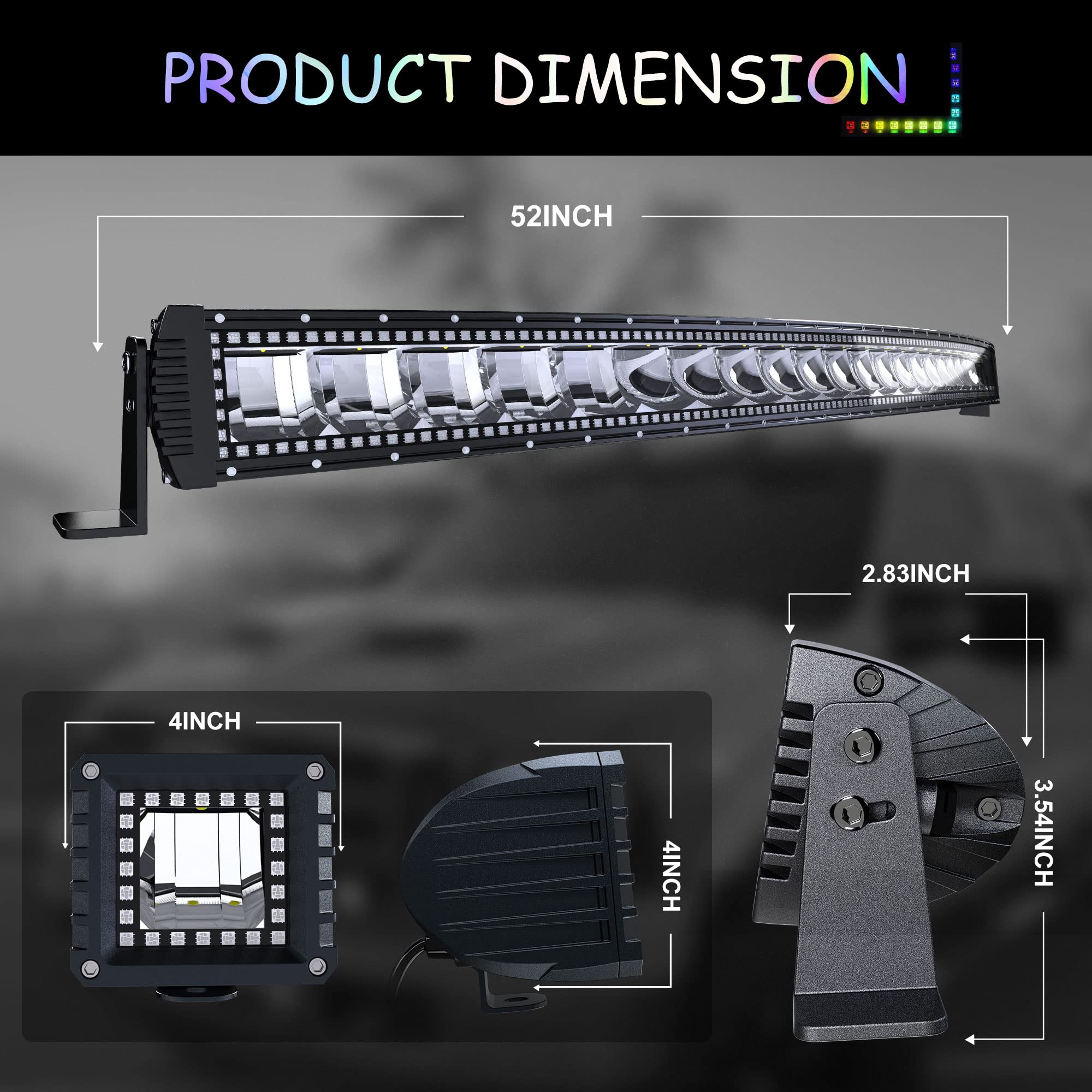 FEELON 52" Curved RGB Light Bar with 2x 4" Flood Pods - Multicolor RGB Halo Offroad Driving Fog Lights
