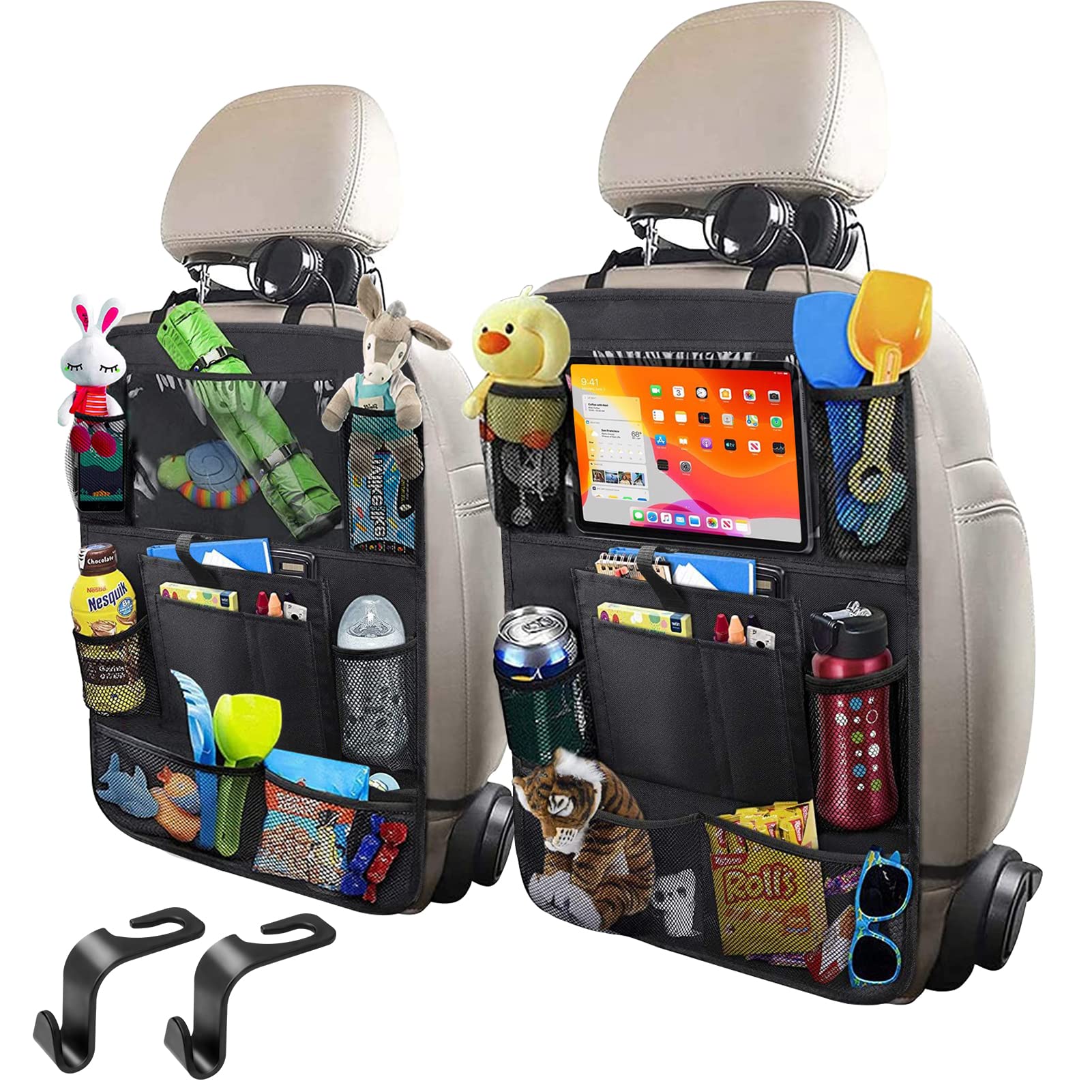 JUCAINHI Car Storage Organizer 2 PCS,Car Backseat Organizer for Kids Durable Waterproof Oxford Fabric with Touchable Tablet Hold