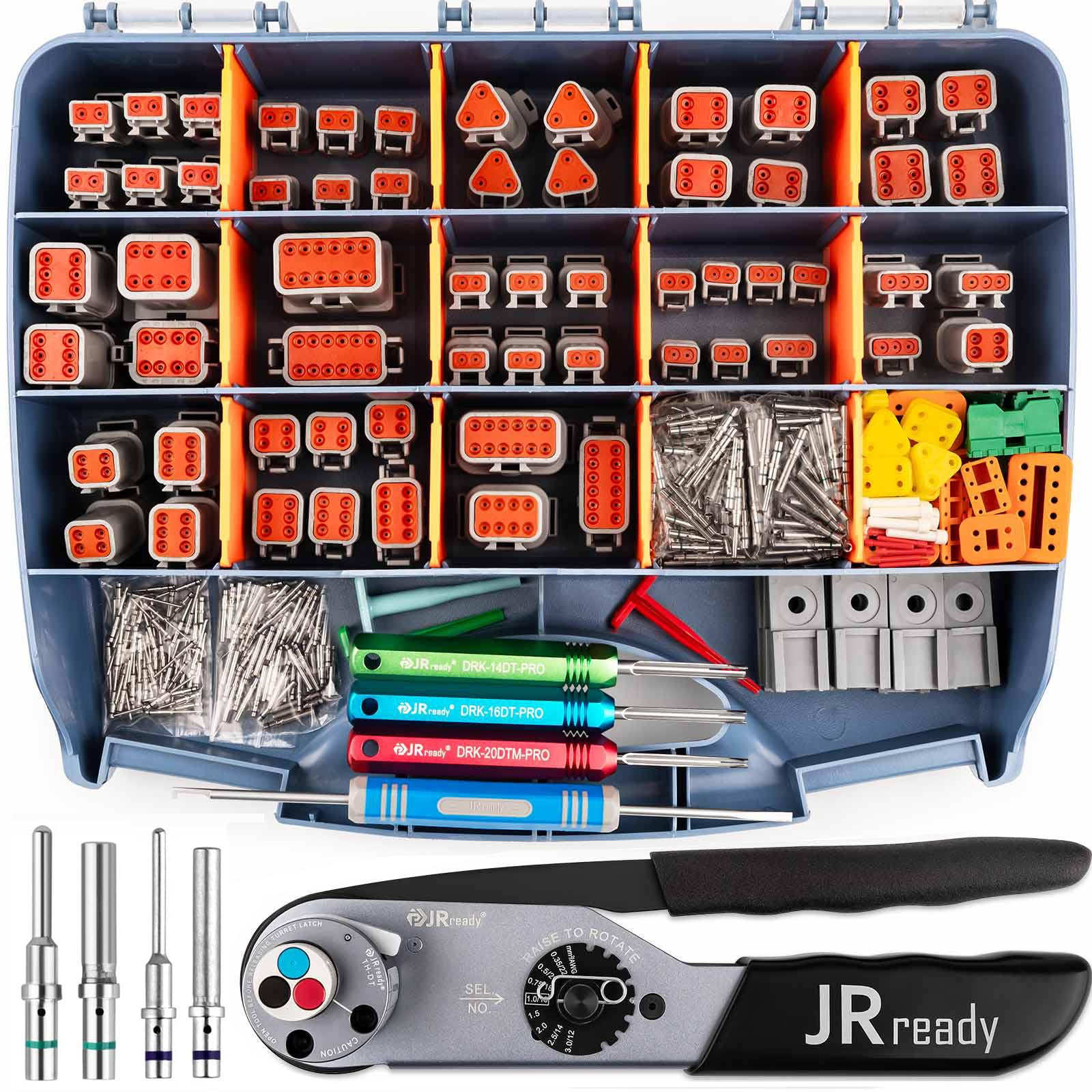 JRready ST6437 Deutsch Connector Kit, DT DTM Connectors 2 3 4 6 8 12 Pin with Turret Style Crimping Tool, Size 16 20 Solid Pins 