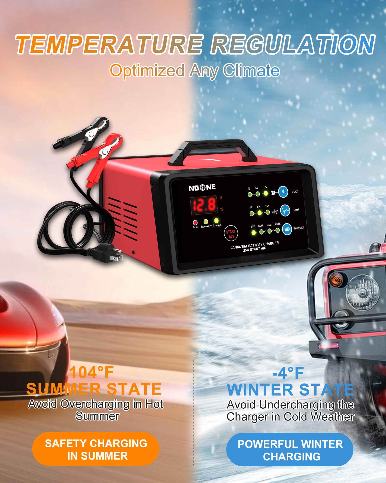 Noone Smart Car Battery Charger: 2/8/15A Battery Chargers 6V/12V Boat Battery Chargers With Engine Start, Metal Shell, Winter Mo