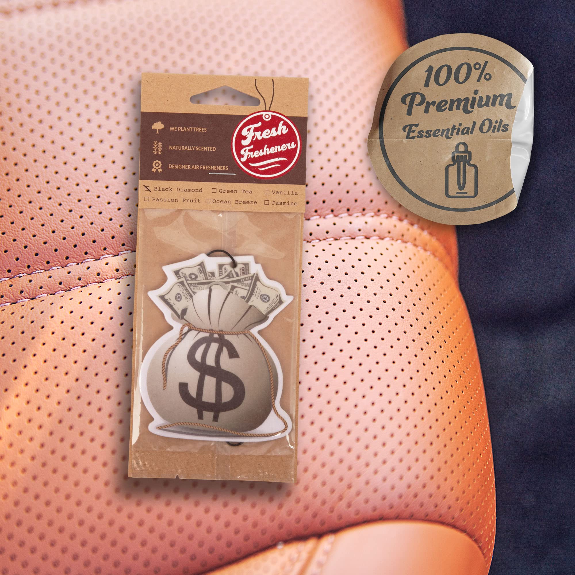 Money Bag Car Air Freshener 4 Pack, Car Air Freshener Scented With Essential Oils By Fresh Fresheners (4 Pack)