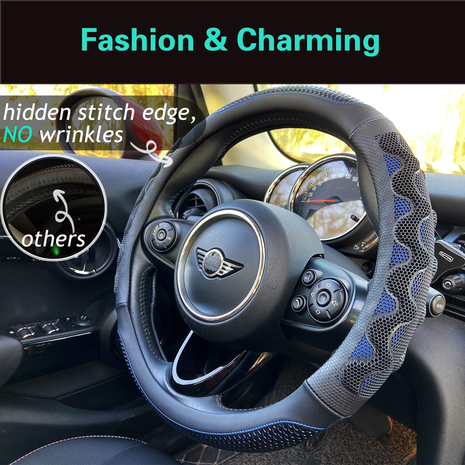 Pinctrot Large Size Steering Wheel Cover Great Grip With 3D Honeycomb Anti-Slip Design, 15.5-15.75 Inch (Blue)