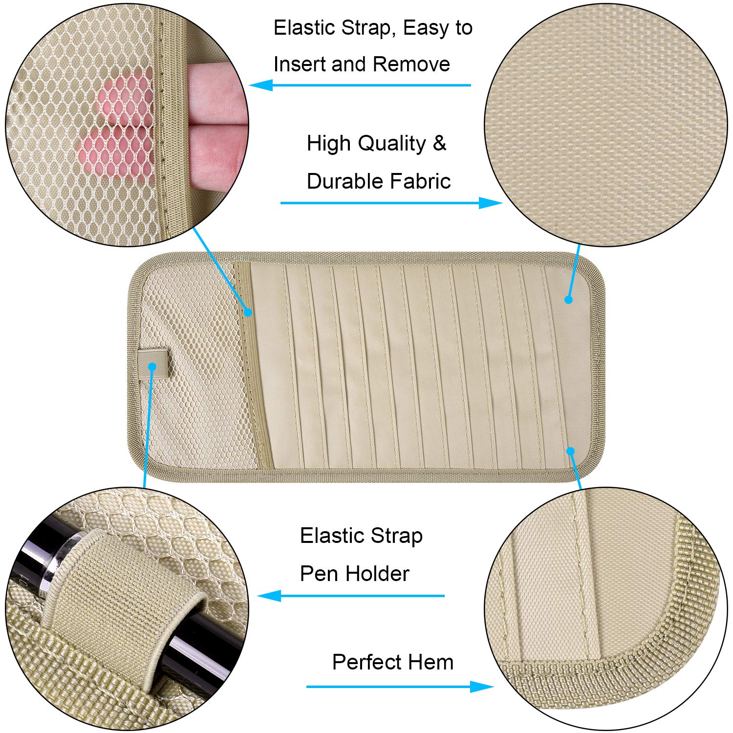 Wisdompro Car CD Case Holder, Khaki Vehicle Sun Visor Organizer with 12 DVD Sleeves, Mesh Pocket, Pen Holder, Model W-1xCarVisorCDHolder-Khaki