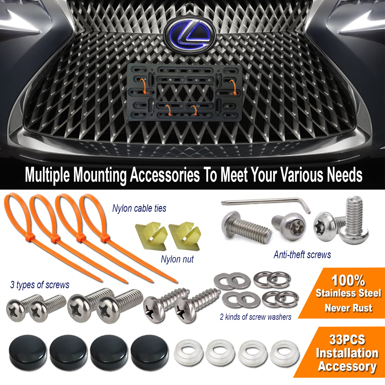 Aootf Front License Plate Bracket- Universal Front Bumper License Plate Mounting Kit, Car Tag Holder Adapter& Carbon Fiber Plate Cover, Anti-Theft Lock Screws, Caps, Nuts, For Us Vehicle Trailer Truck