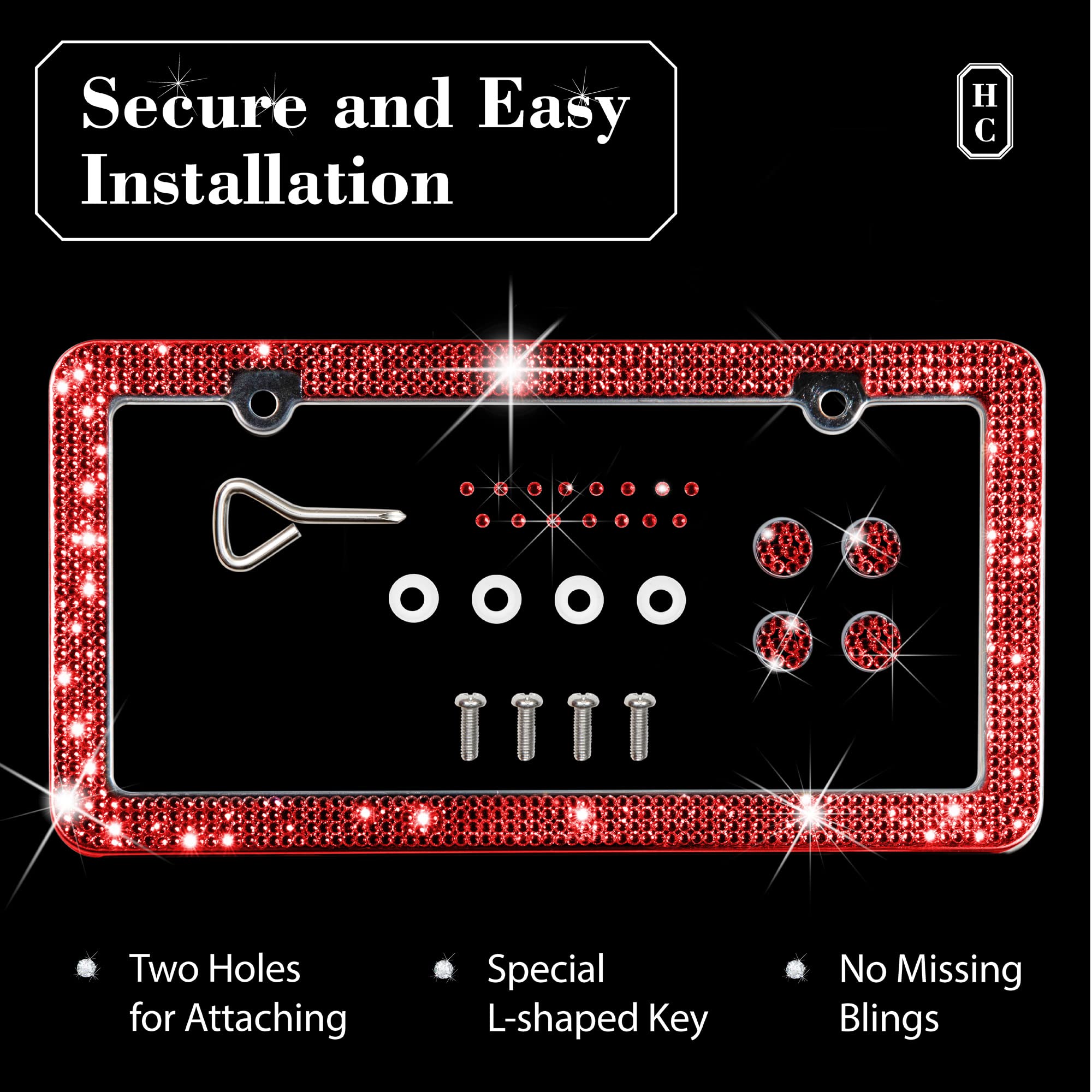Handcrafted Rhinestone Bling License Plate Frames For Women, Men | 2 Pack Bedazzled Cover With Glittery Screw Caps | Stainless Steel Clear Crystal Sparkle License Plate Frame/Cover (Red)