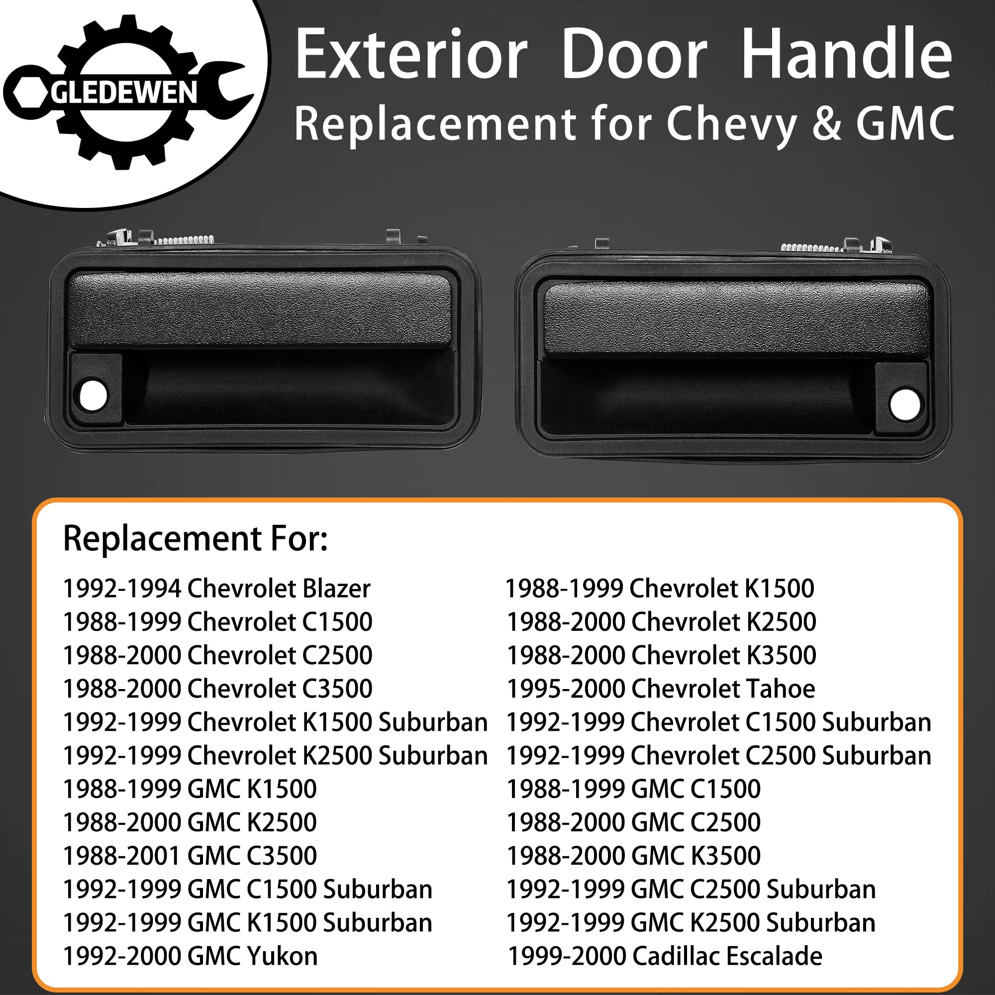 Metal Exterior Door Handle, Compatible With 1988-2001 Chevy Gmc K1500 2500 3500, C1500 2500 3500, Suburban, Tahoe, Yukon, Cadill