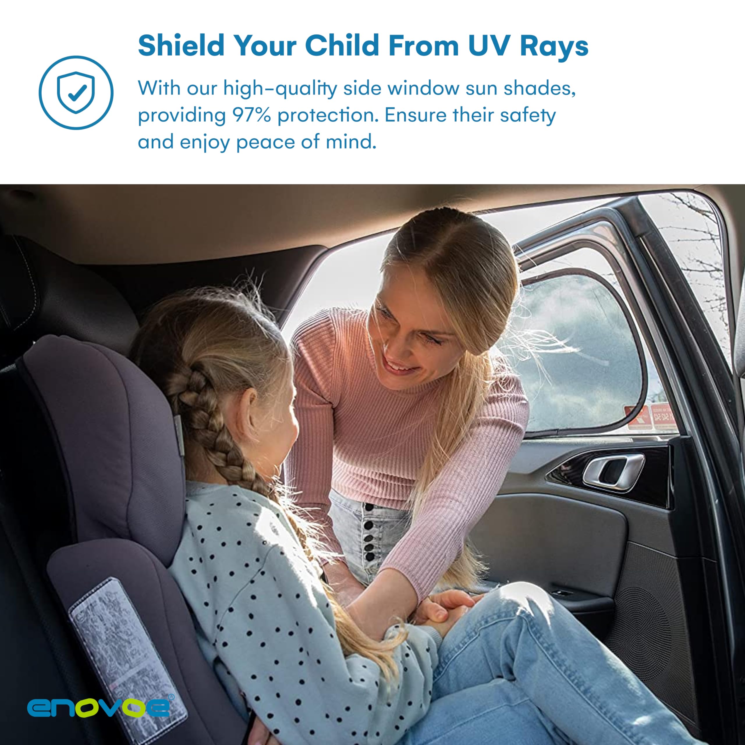 Enovoe Car Window Shade - 2 Pack, 19"x12", Black Fabric, UV Protection for Kids, Easy to Install