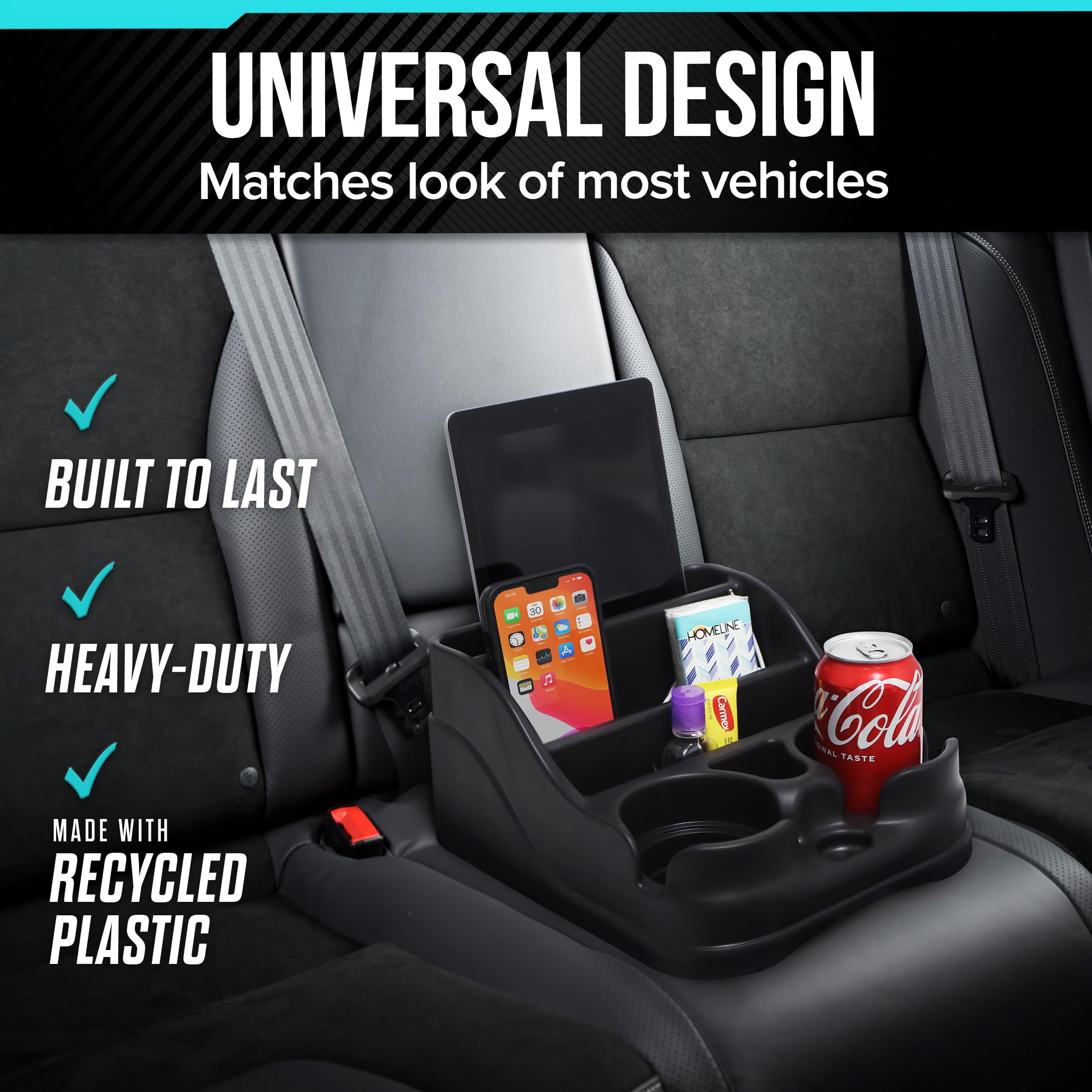 Moblorg Small Center Console Organizer for Cars, Trucks, SUVs - Black Recycled Plastic, Model 2180115-1