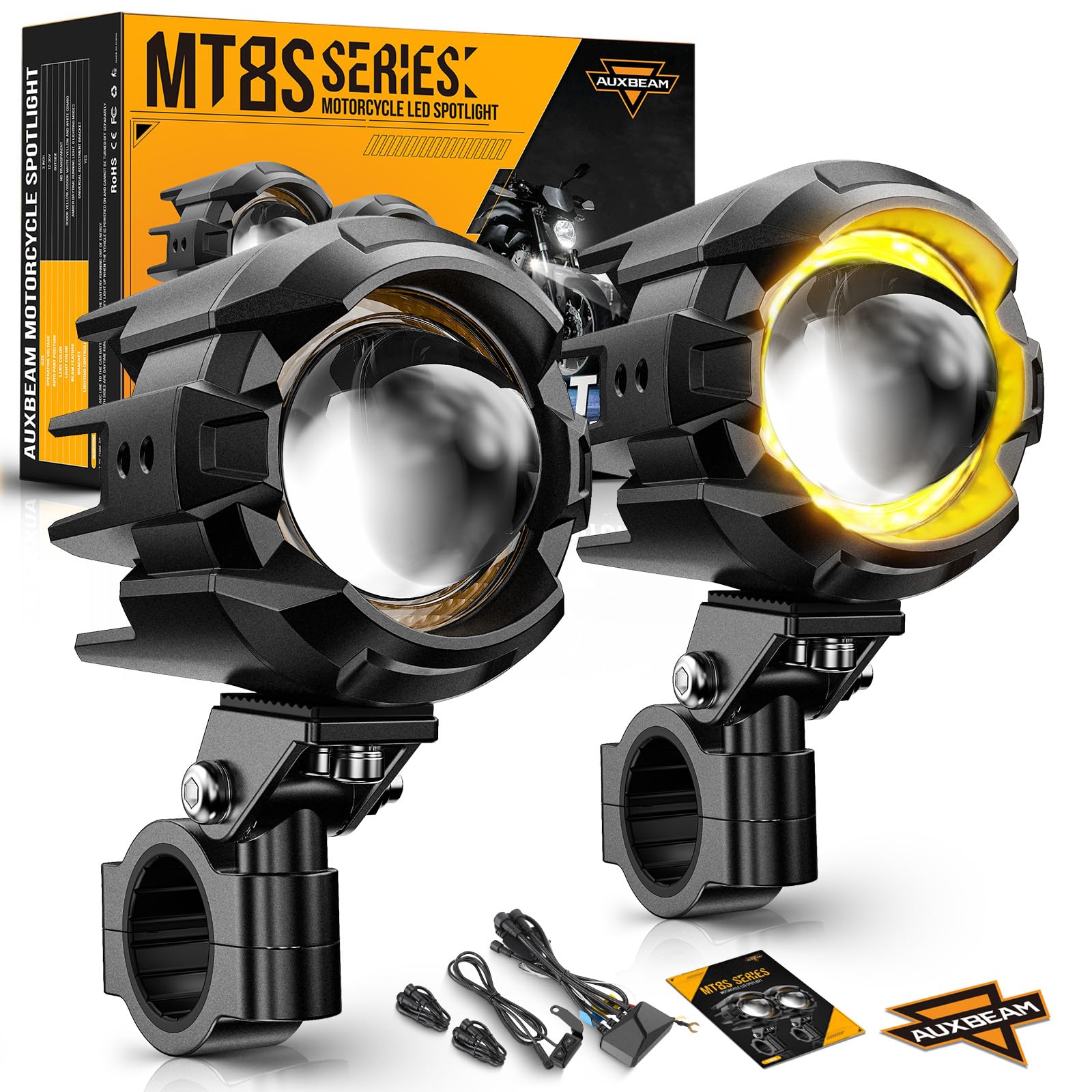 Auxbeam Motorcycle Auxiliary Lights Fog Lights LED Driving Light Spotlight with Halo DRL, White/Amber 8 Modes Dual-Color Strobe 