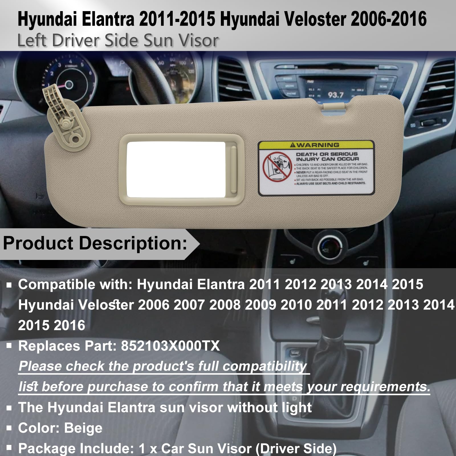 Crazyparts Driver Left Side Sun Visor Compatible With Hyundai Elantra 2011-2015 Hyundai Veloster 2006-2016 Replacement Oem Numbe