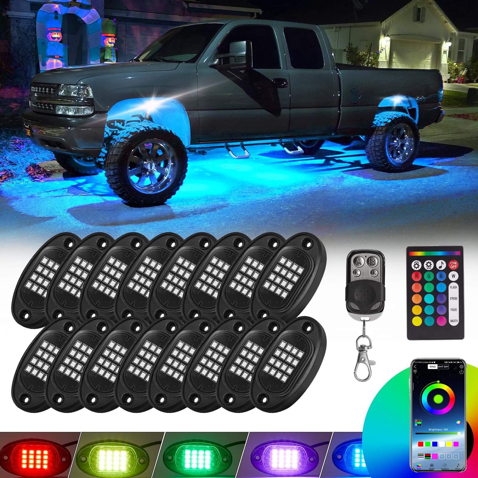 16 Pods Rgb Led Rock Lights For Trucks Pickup Golf Cart Offroad Rv Utv Atv Suv, Waterproof Multicolor Underglow Kit For Cars Wit