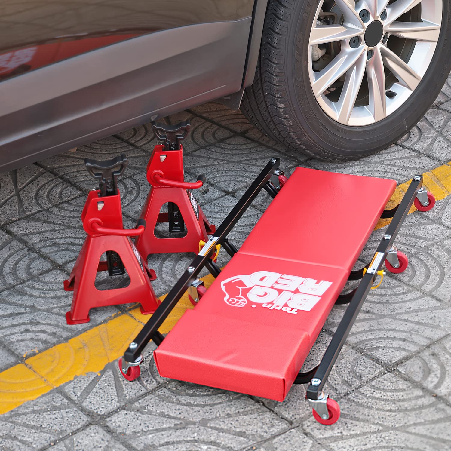 Big Red 36'' 2-Piece Padded Rolling Garage/Shop Creeper, Mechanic Cart With Headrest And 6 Casters, Red Tr7565R Torin