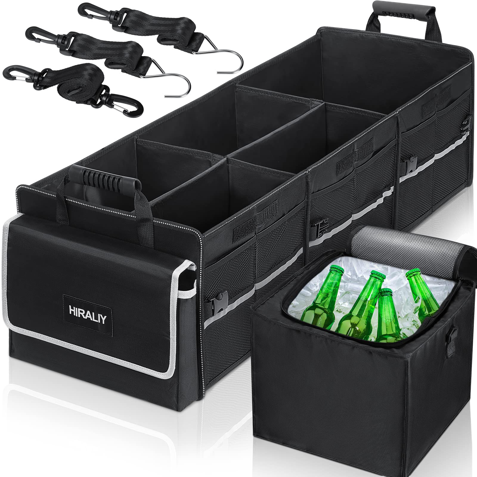 Hiraliy 4 In 1 Car Trunk Storage Organizer, Multi Compartment Collapsible Trunk Storage Box With Leakproof Insulated Bag For Car Truck Suv