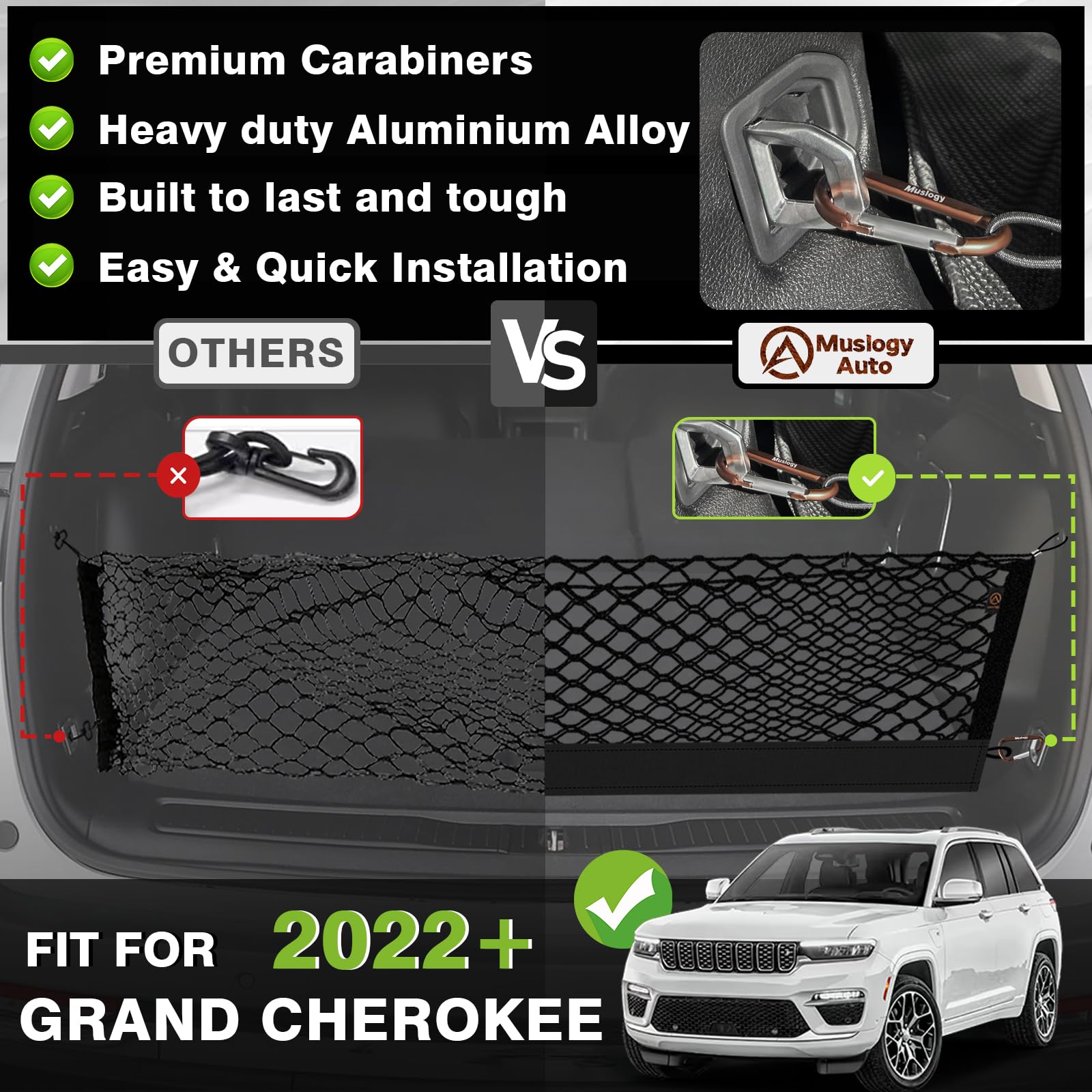 Muslogy Trunk Cargo Net for 2022-2025 Jeep Grand Cherokee, Black SUV Accessories, Heavy Duty with Carabiners, 2-Row Design