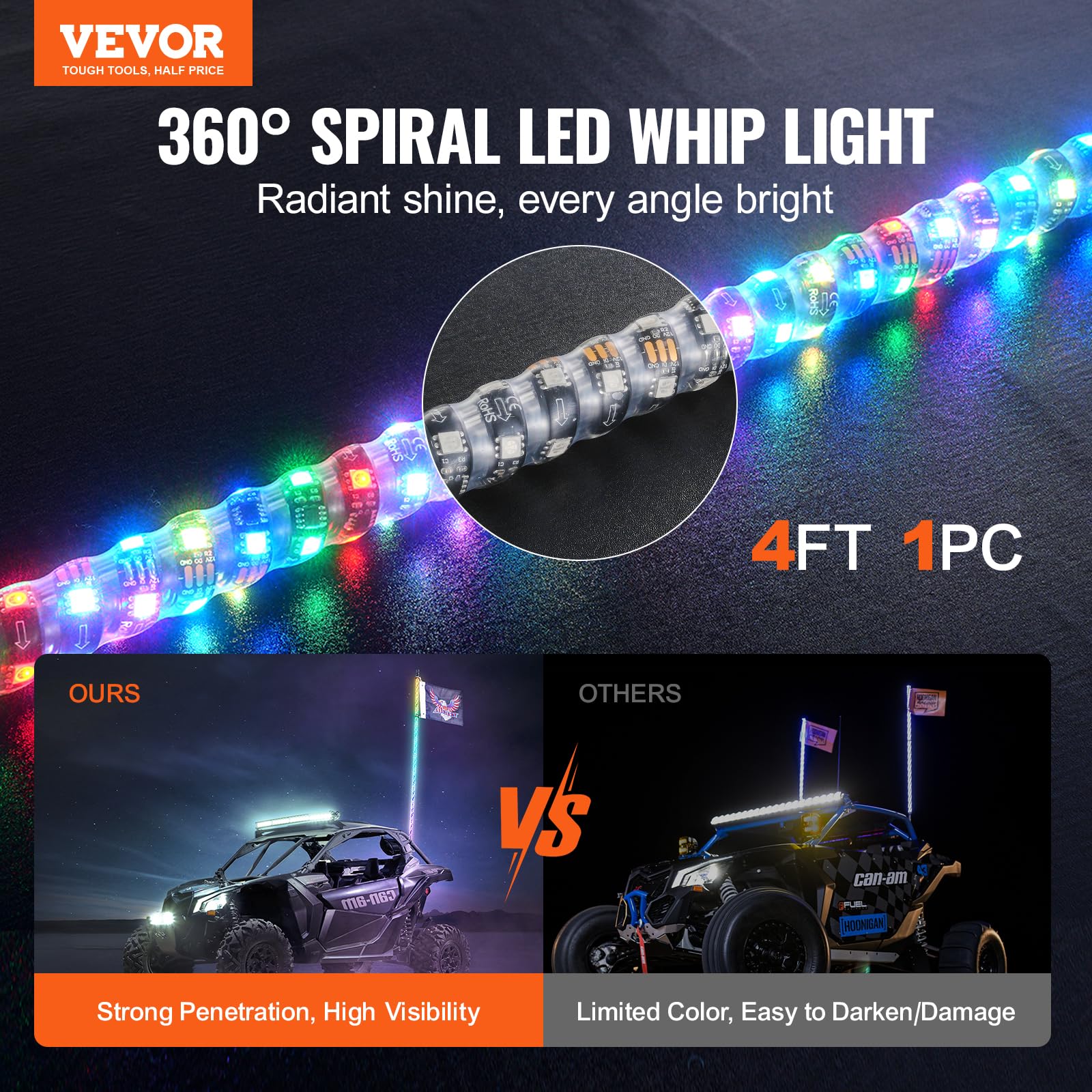 1 PC 4 FT Whip Light, APP & RF Remote Control Led Whip Light, Waterproof 360 Spiral RGB Chasing Lighted Whips with 2 Flags, for