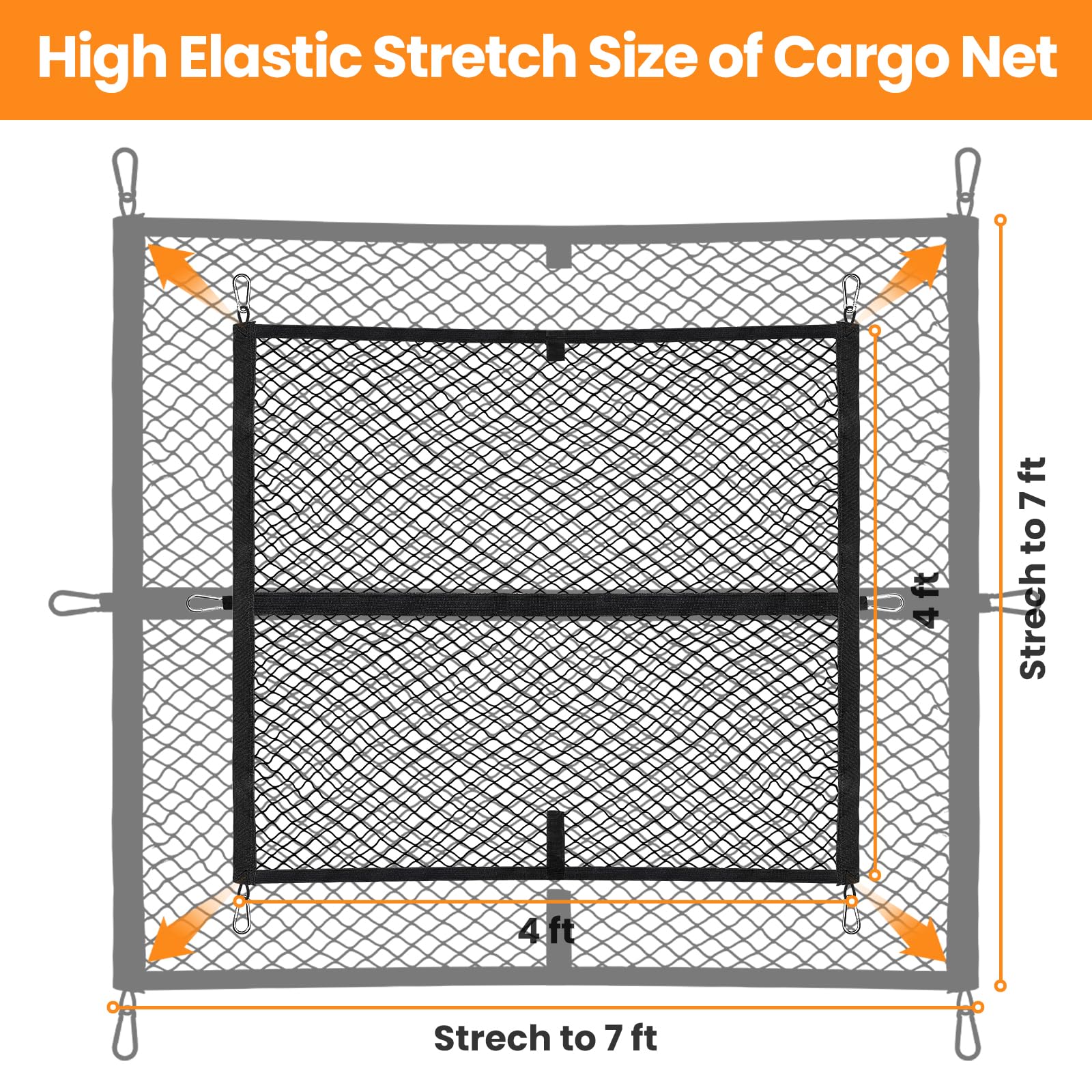Kaishengyuan Truck Bed Net - Elastic Cargo Organizer 4'x4' Stretches to 7'x7', Black, Model 60854US