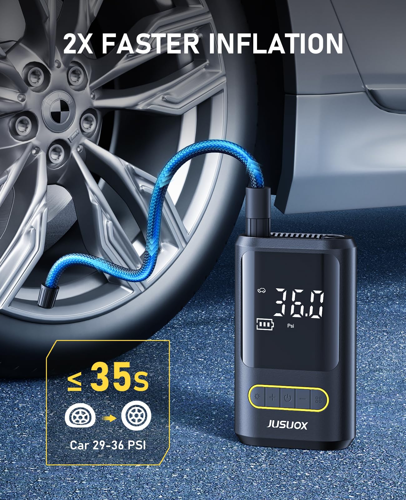 JUSUOX Portable Tire Inflator, 150 PSI Electric Bike Pump with Digital Gauge, Small, Model ATJ-8466, Auto Shutoff, LED Light