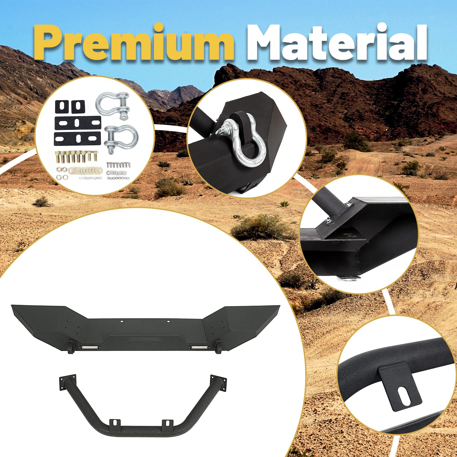 ECOTRIC Front Bumper for 1987-2006 Jeep Wrangler TJ/YJ, Black Alloy Steel, Heavy Duty, with Winch Plate & LED Lights, Model CA-110