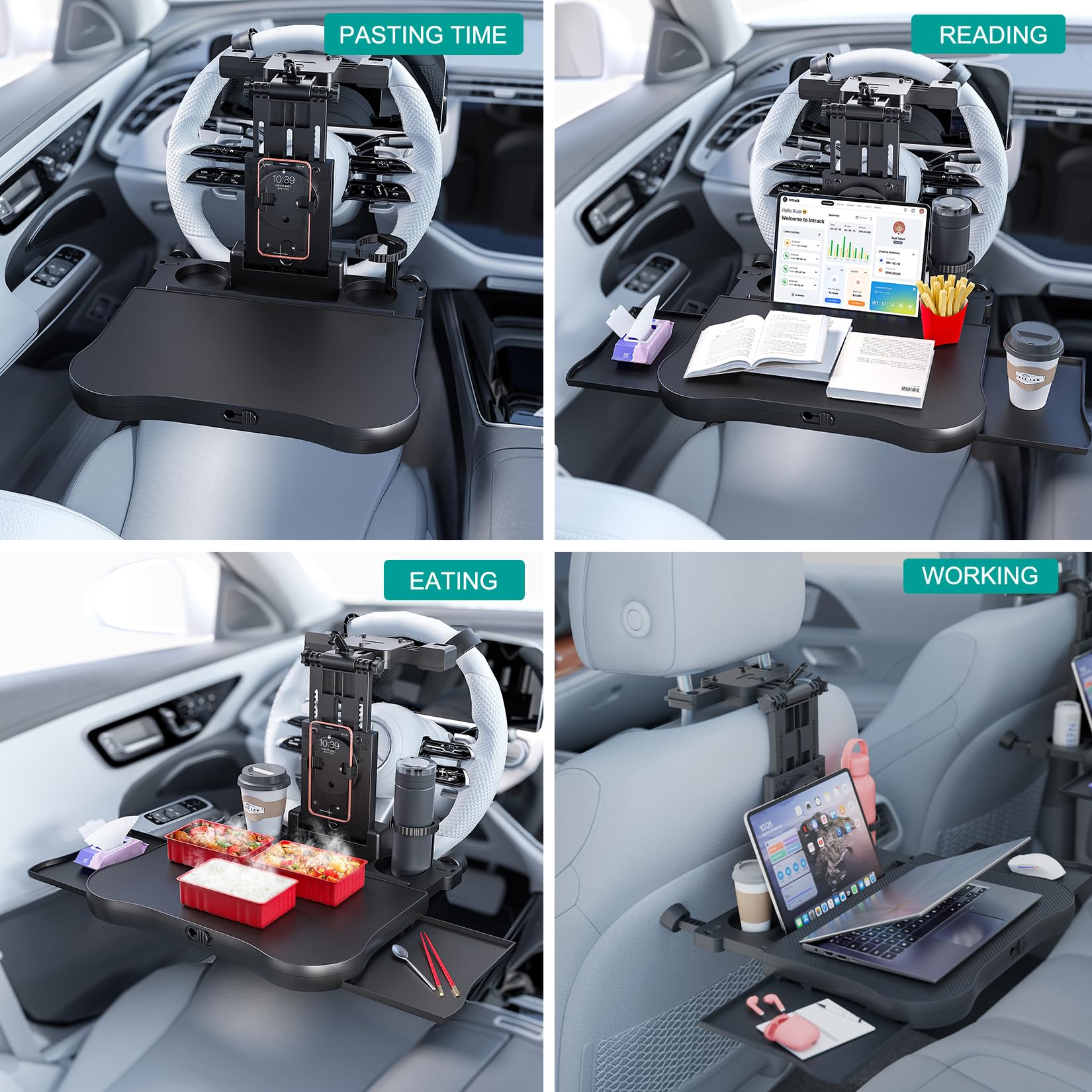 TUEOU Car Steering Wheel Tray Back Seat Tray,Extension Steering Wheel Desk Car Food Eating Tray Table,Car Laptop Desk with Phone