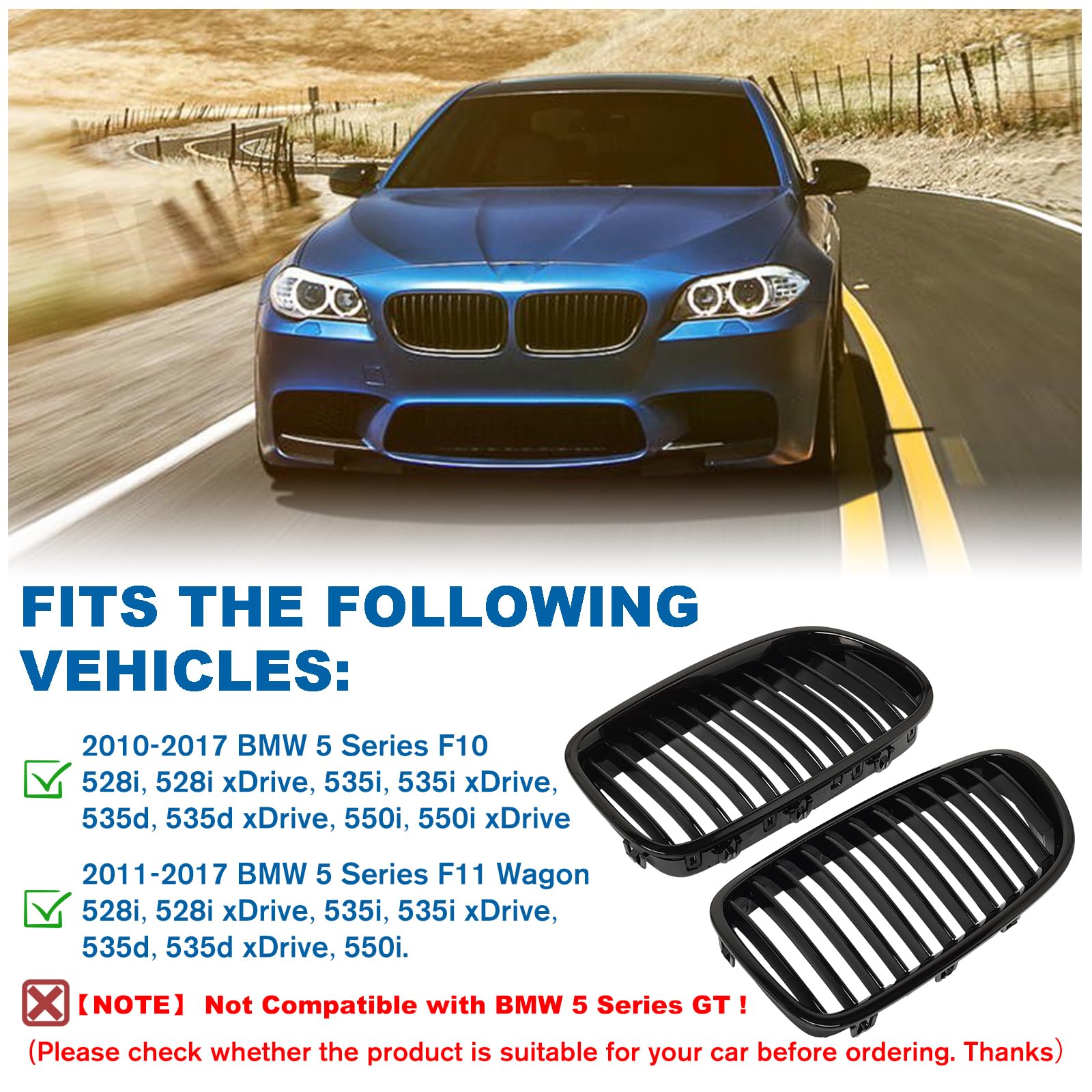 Billdio F10 Grille - Black Kidney Single Slats Grill Compatible With Bmw 2010-2017 5 Series F10 F11 F18 Sedan 520I 528I 535D 535