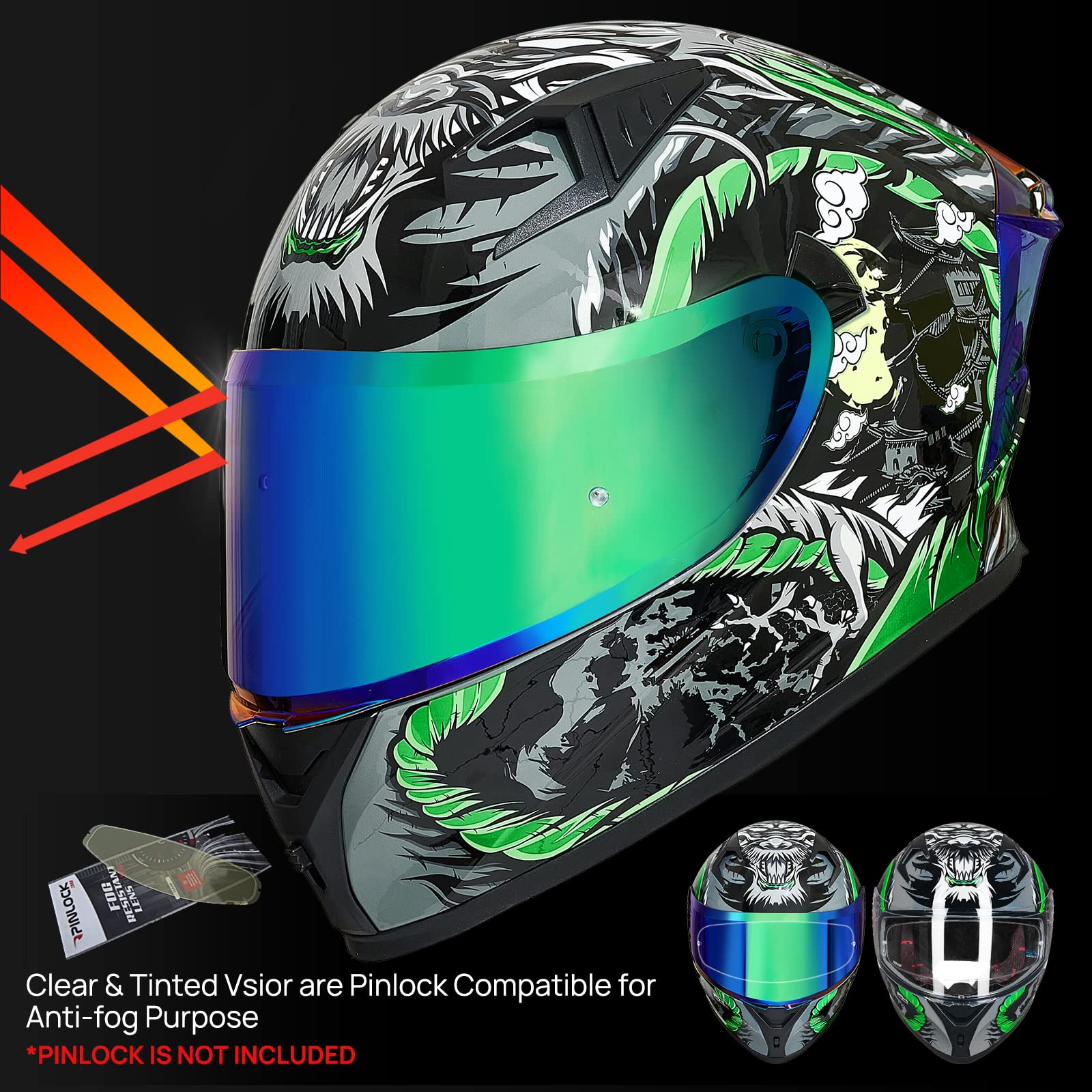 Ilm Motorcycle Helmet Full Face With Pinlock Compatible Clear&Tinted Visors And Fins Street Bike Motocross Casco Dot Model Z501(Legend Green, Large)