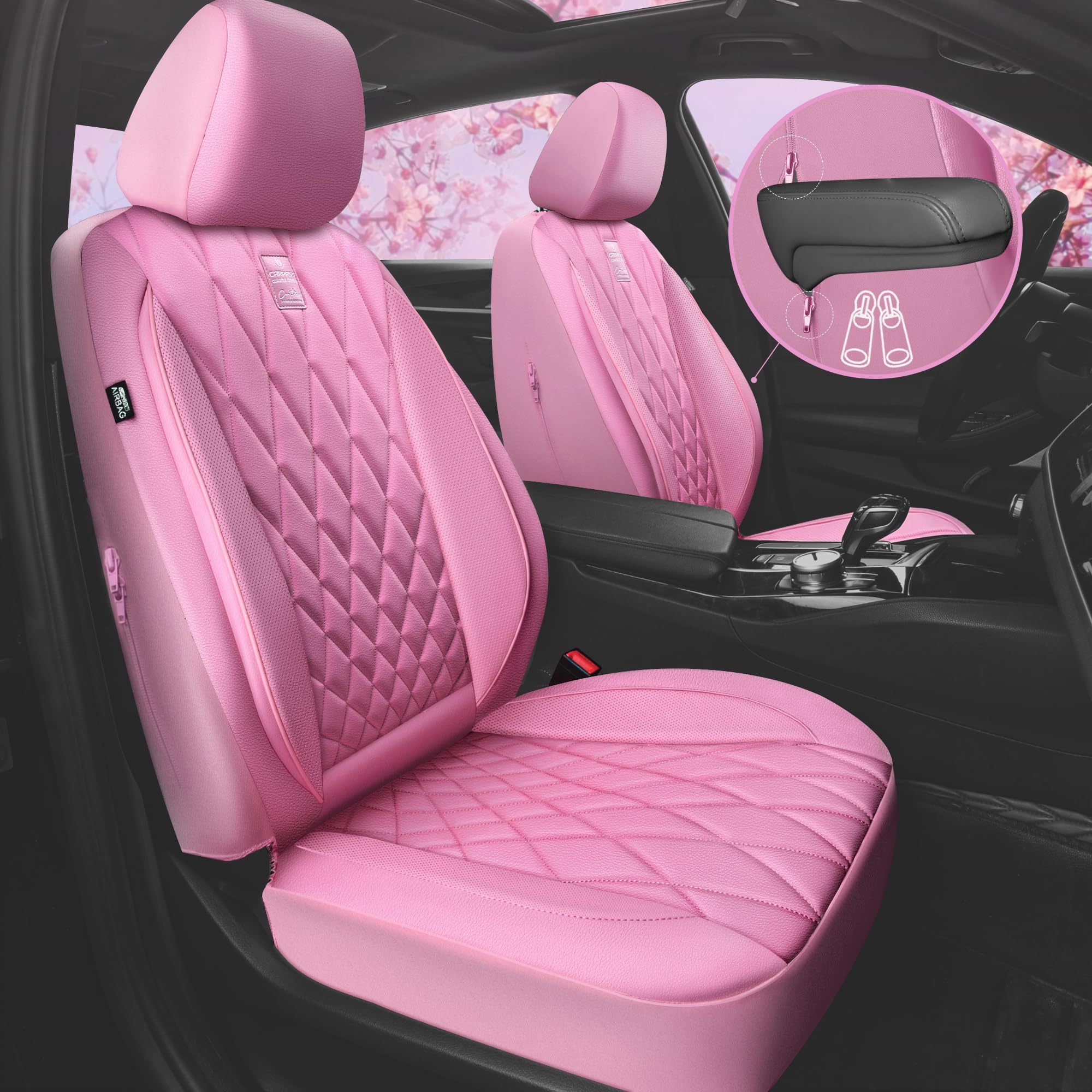 Car Pass Piping Luxury Leather Two Front Car Seat Covers, Cute Girly Waterproof Anti Slip Seat Covers Compatible With Front Seat