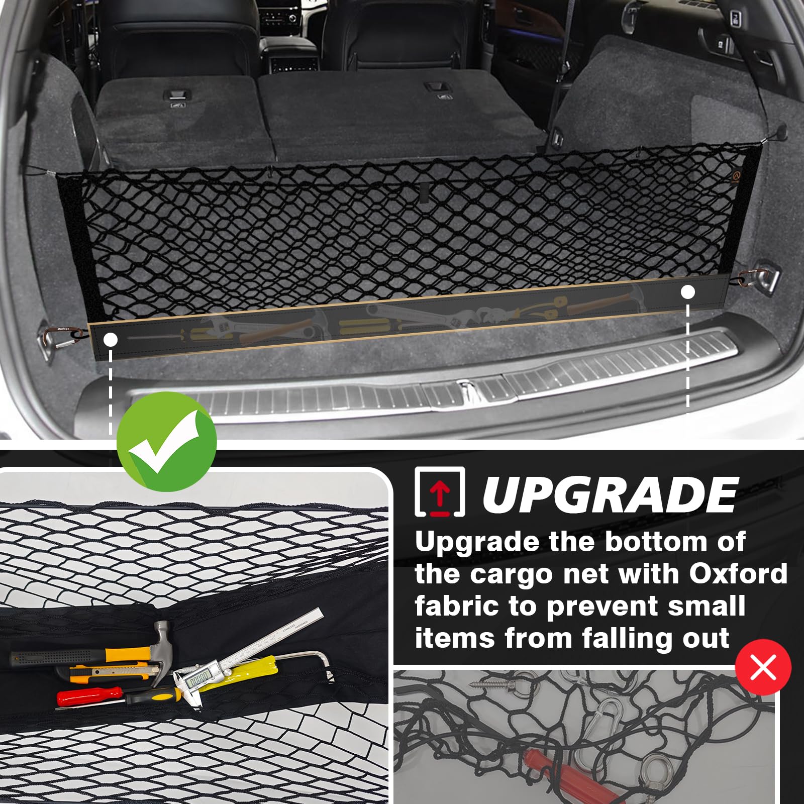 Muslogy Trunk Cargo Net for 2022-2025 Jeep Grand Cherokee, Black SUV Accessories, Heavy Duty with Carabiners, 2-Row Design