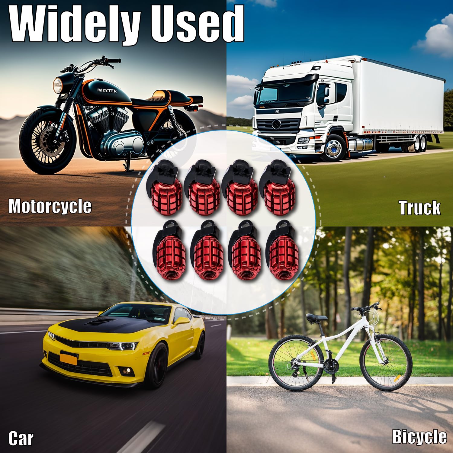 MEAJOO Tire Valve Stem Caps, 8PCS Stainless Steel Wheel Caps, Red for Cars, Trucks, SUVs, Motorcycles, Bicycles, Model MEAJOO-YXQZM-8