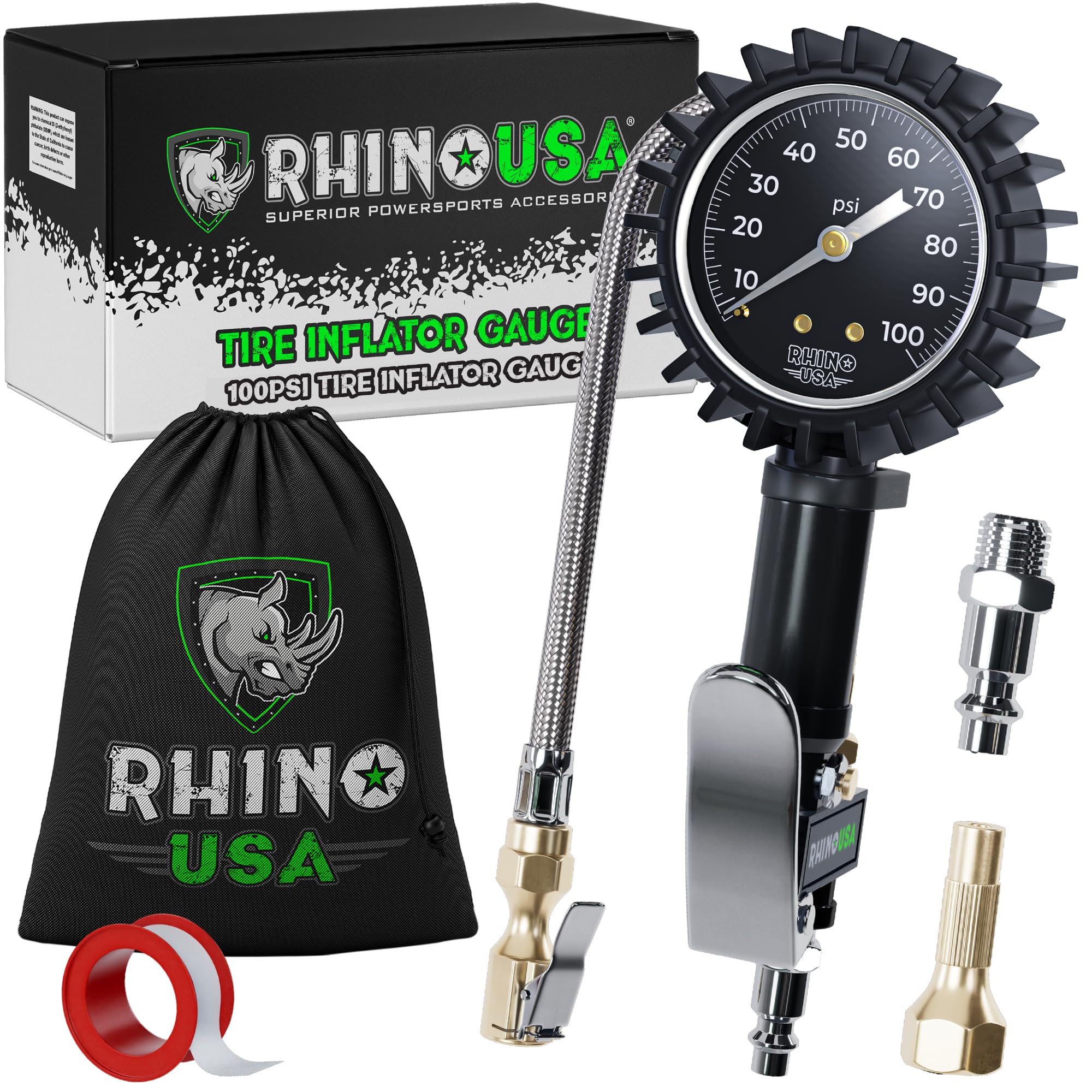 Rhino USA Tire Inflator with Pressure Gauge (0-100 PSI) - ANSI B40.1 Accurate, Large 2'' Easy Read Glow Dial, Premium Braided Ho