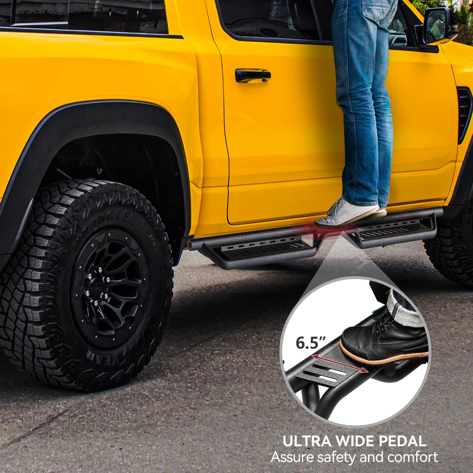 YITAMOTOR Running Boards - Textured Black Nerf Bar for 2019-2025 Dodge Ram 1500 Crew Cab, Carbon Steel, Two-Stair for Roof Access