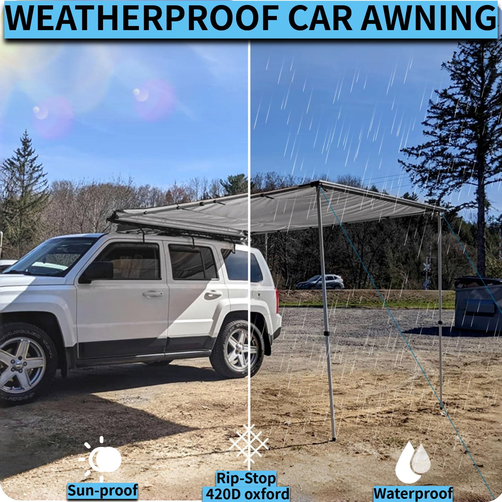 Danchel Outdoor Car Awning, Roof Rack Pull-Out Car Awning Overland, Waterproof Portable Car Side Sun Shelter Tarp For Suv/Truck/Van/Camper, 8.2X9.8Ft Gray