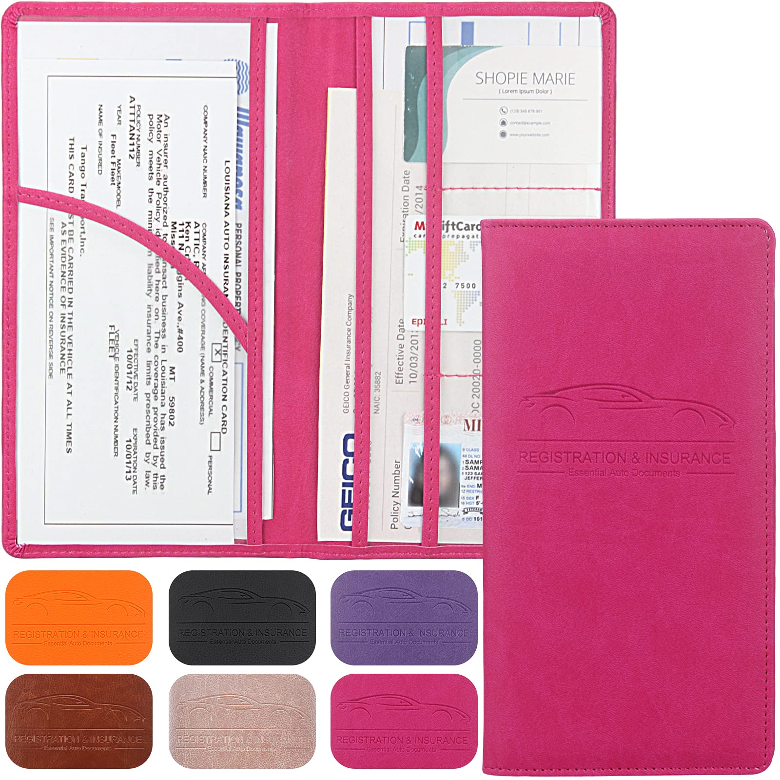 Car Registration And Insurance Holder, Premium Leather Registration And Insurance Card Holder,Vehicle Glove Box Car Organizer,Wallet Accessories Case With Magnetic Shut For Cards, Essential Document, Driver License (Rose Red)