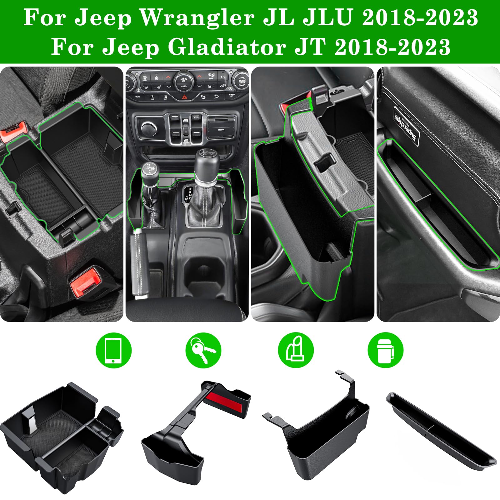 Eamplest 4PCS Center Console Organizer for 2018-2023 Jeep Wrangler JL JLU & Gladiator JT - ABS Storage Box, Gear Shift Side Tray