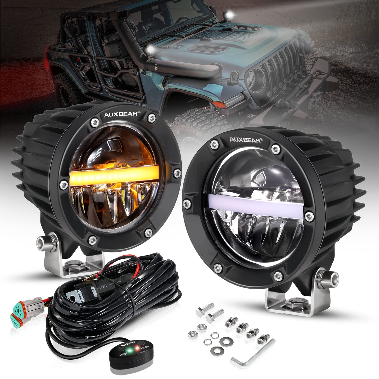 Auxbeam 4 Inch 110W Round Offroad Lights, Amber Drl Design 11000Lm Led Light Pods, Super Bright 7035 Smd Led Work Driving Fog Li