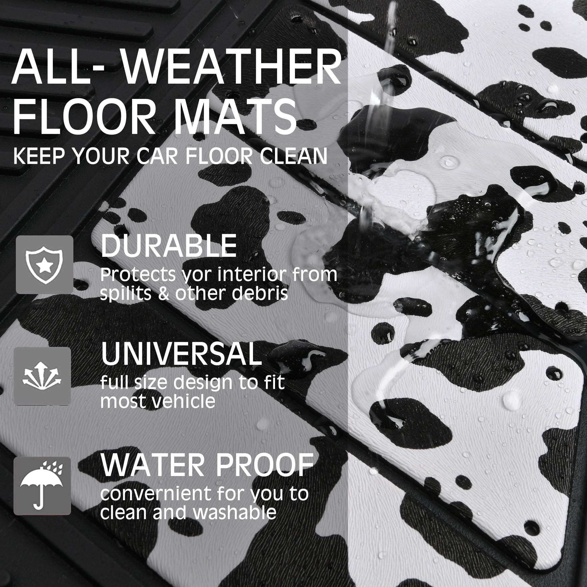 Car Pass Heavy Duty Rubber Floor Mats Cow Print Car Mats 4-Piece Car Mat Set - Universal Waterproof Floor Mats For Car Suv Truck