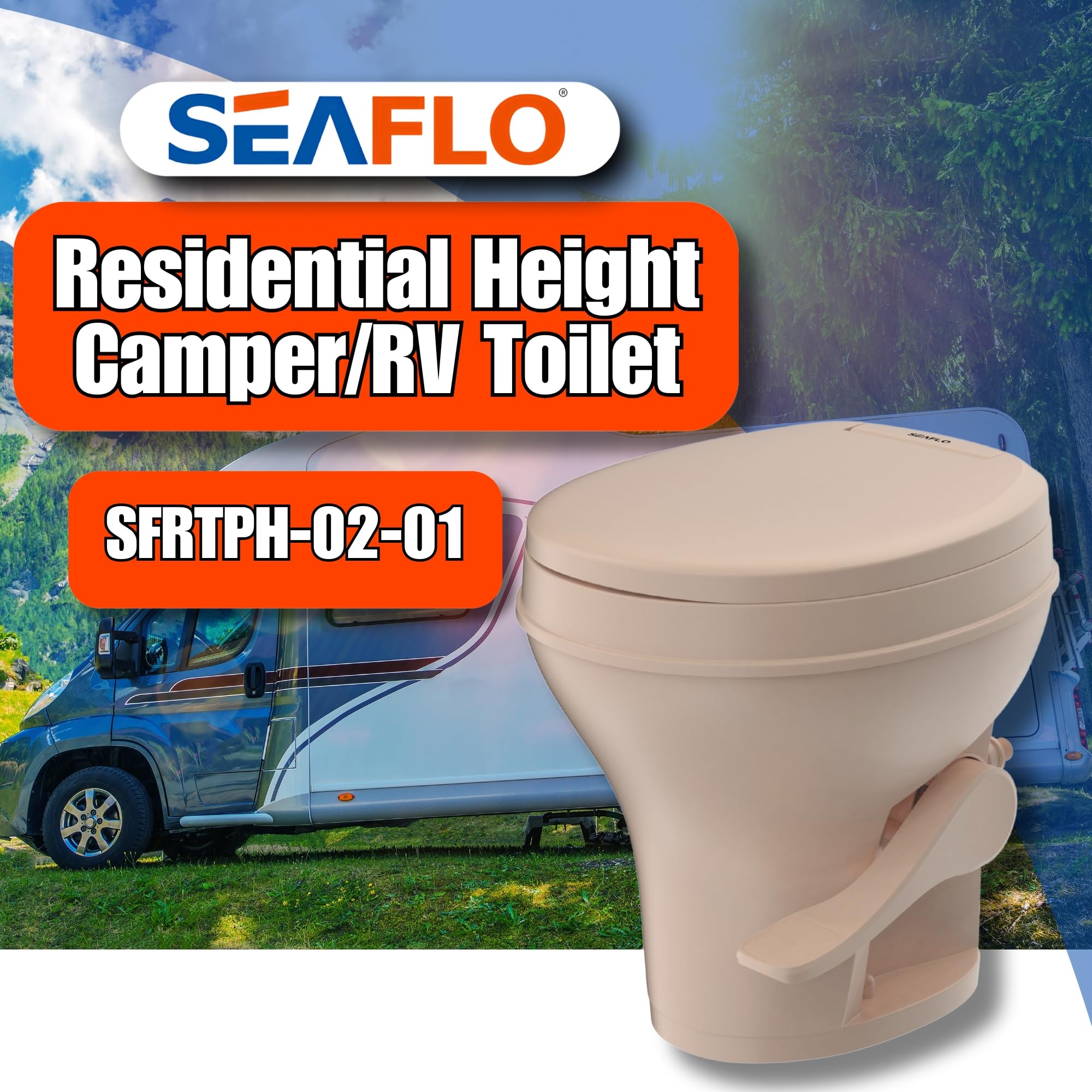 SEAFLO Ceramic RV Toilet with Sprayer, Elongated Bowl, 19" Height, White, Model SFRTPH-02-02, Gravity Flush, Soft Close Seat