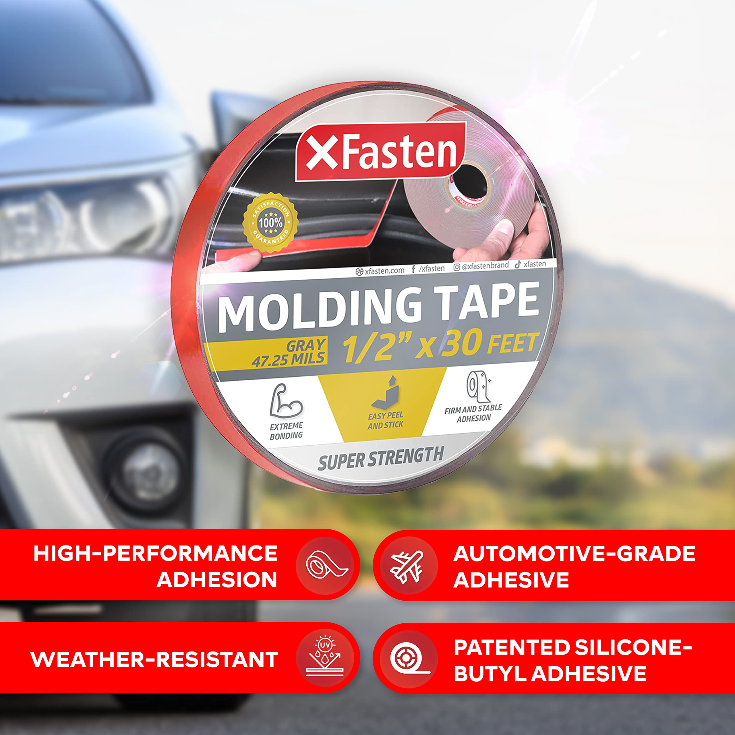 Xfasten Super Strength Automotive Molding Tape, Gray, 1/2-Inch X 30-Foot, Double Sided Exterior Mounting Tape For Auto Body Molding, Trim, Side Mirror, Emblem, Nameplate And Outdoor Applications